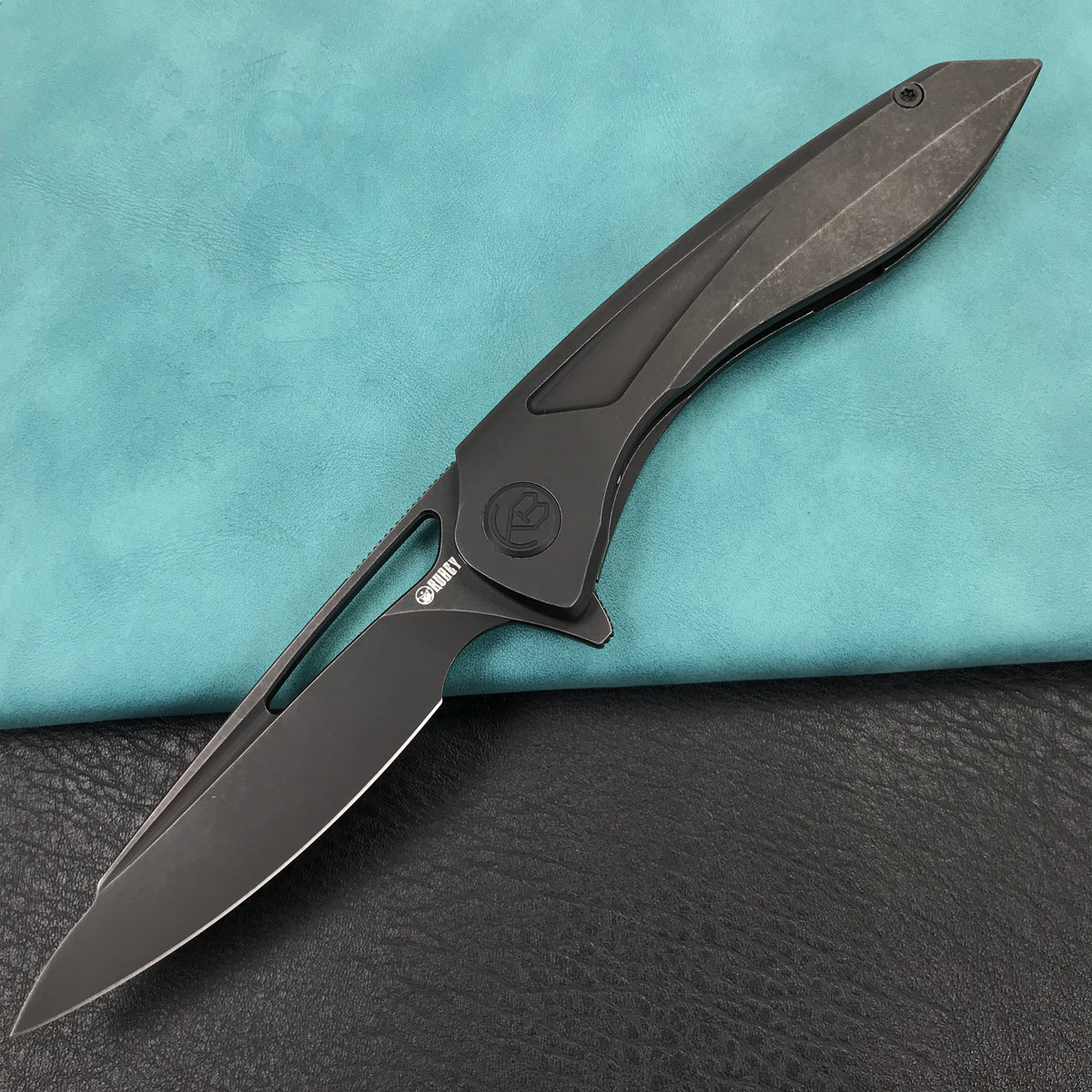 KUBEY KB171F  Velocé Frame Lock Flipper Knife Black Ti Handle 3.94'' Black Stone Wash  S90V Blade