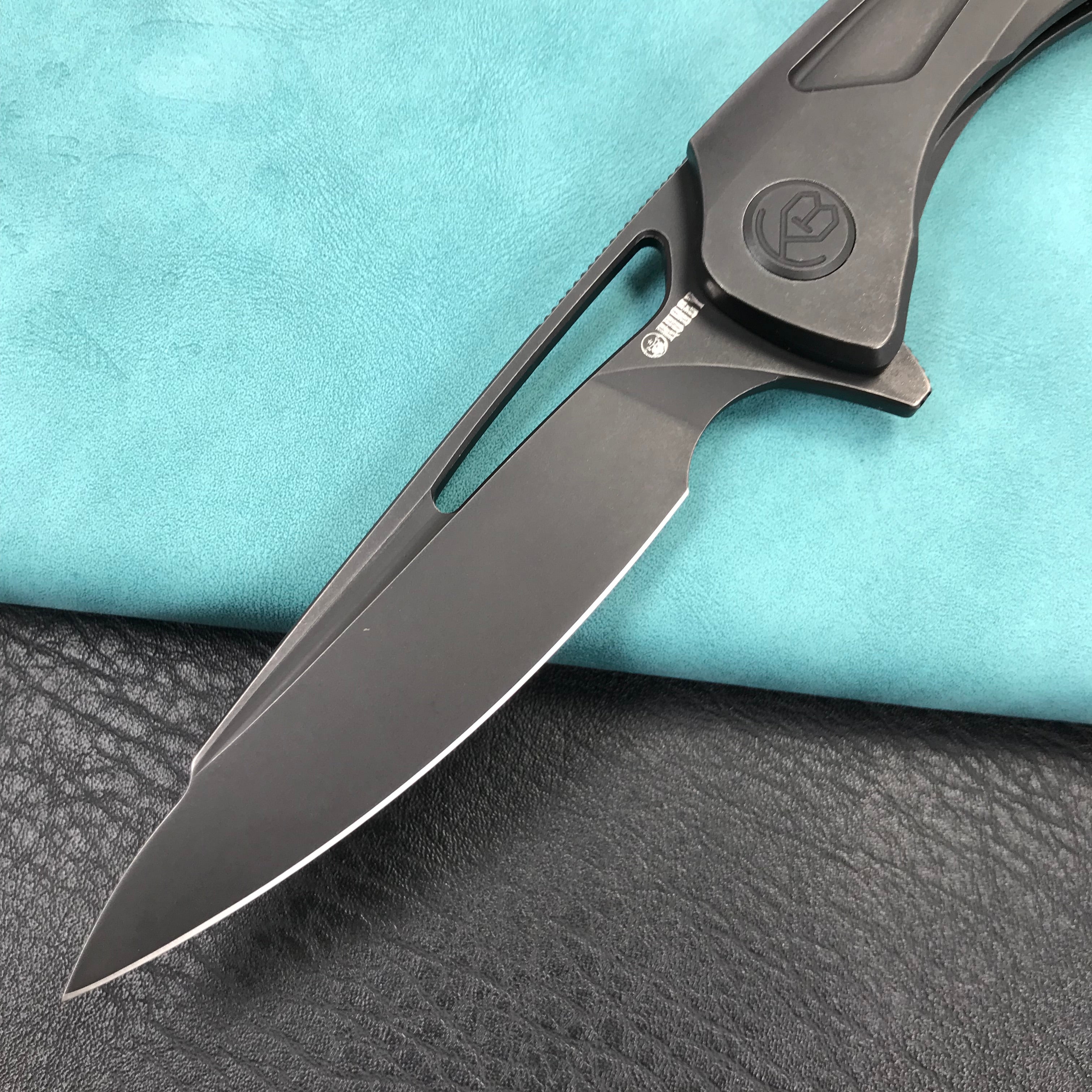 KUBEY KB171F  Velocé Frame Lock Flipper Knife Black Ti Handle 3.94'' Black Stone Wash  S90V Blade