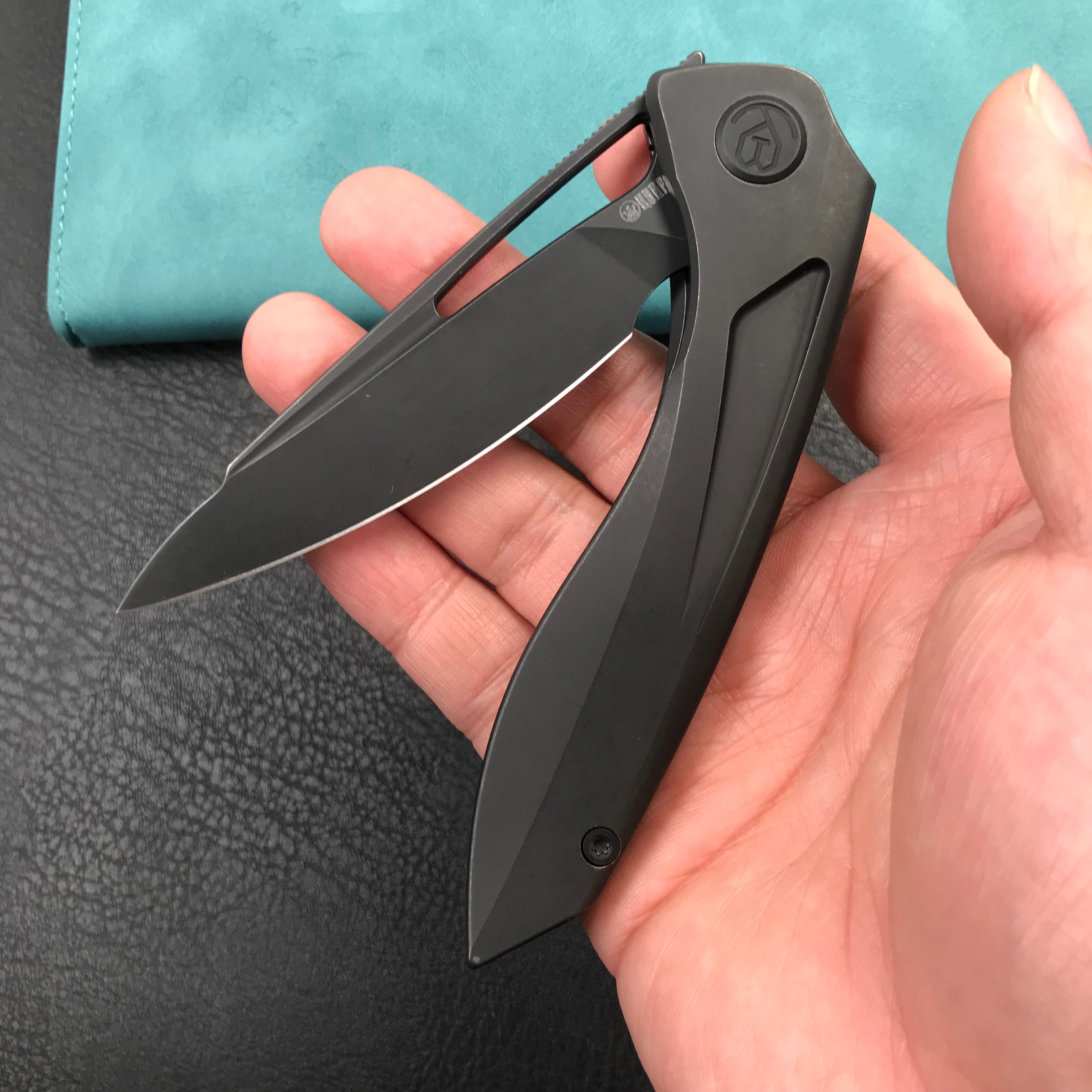 KUBEY KB171F  Velocé Frame Lock Flipper Knife Black Ti Handle 3.94'' Black Stone Wash  S90V Blade