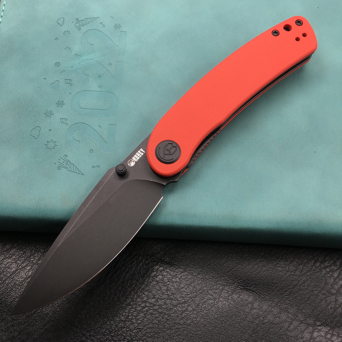 KUBEY KU344I Momentum Sherif Manganas Design Liner Lock Front Flipper  Dual Studs Open Folding Knife Red G10 Handle 3.43" Dark Stonewashed AUS-10