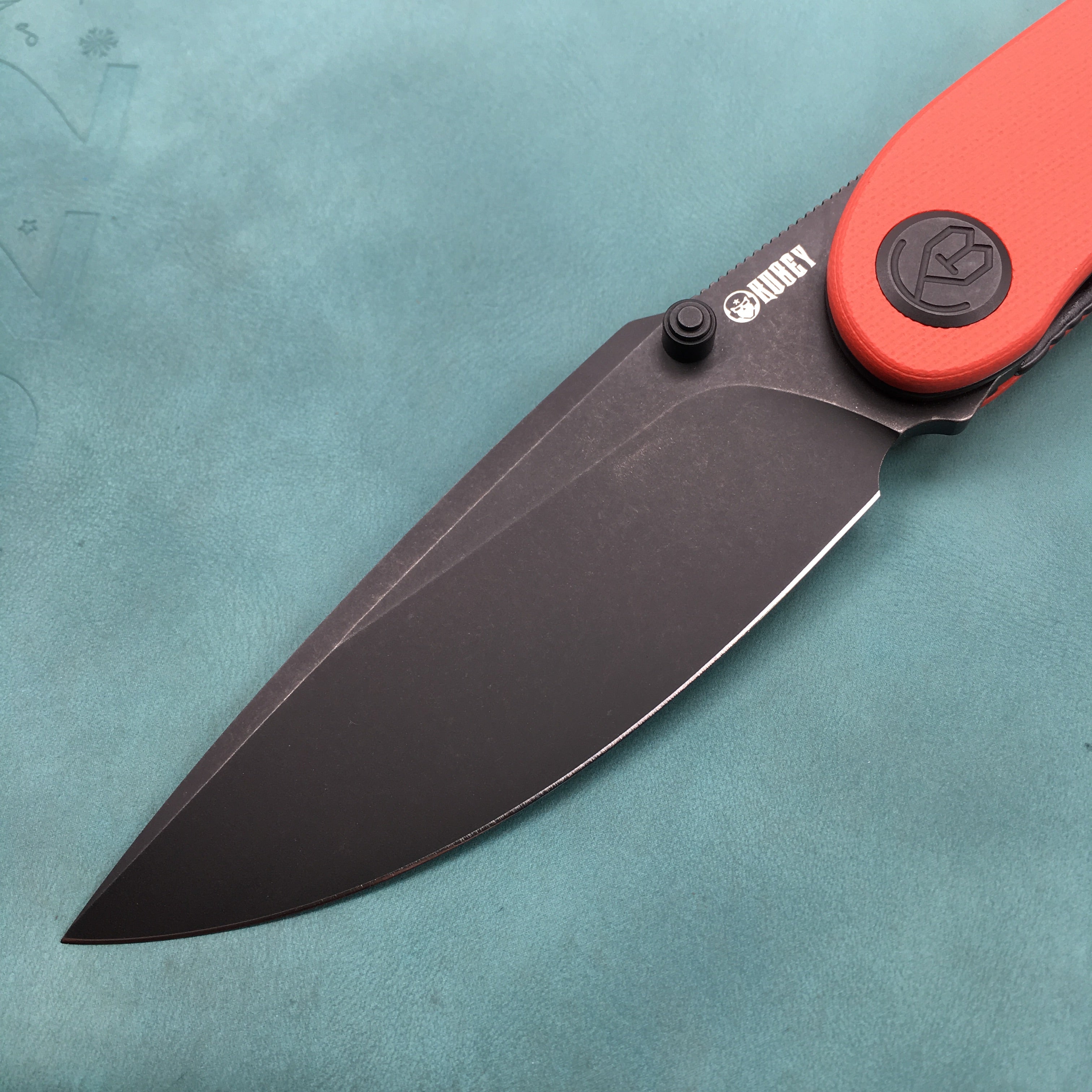 KUBEY KU344I Momentum Sherif Manganas Design Liner Lock Front Flipper  Dual Studs Open Folding Knife Red G10 Handle 3.43" Dark Stonewashed AUS-10