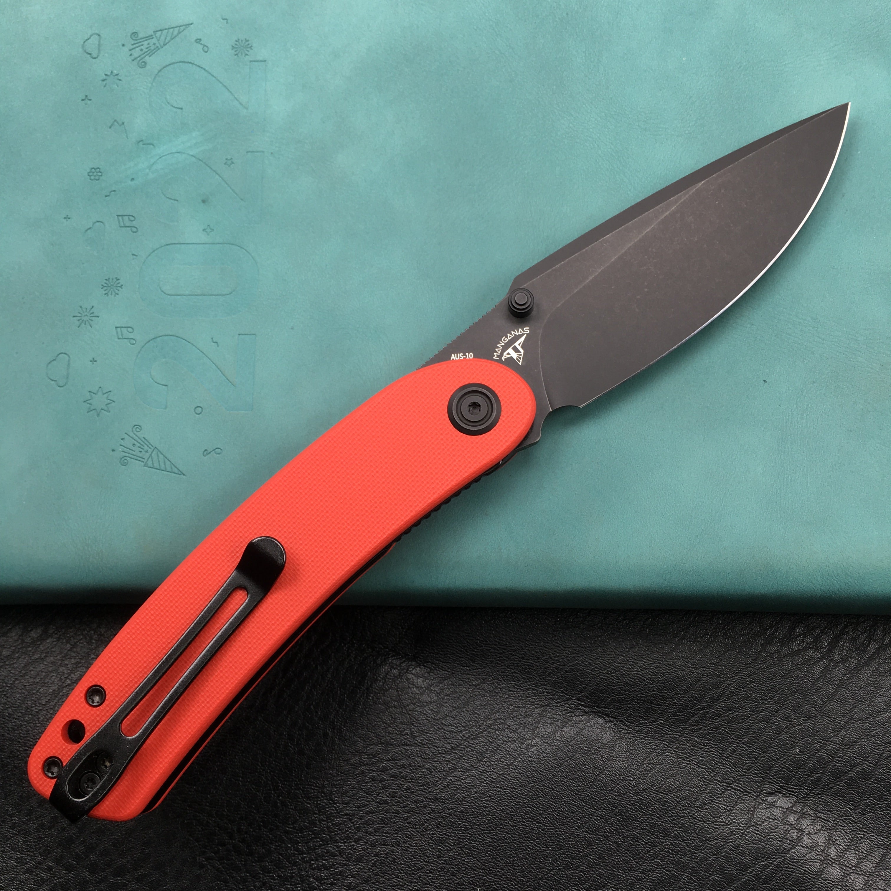 KUBEY KU344I Momentum Sherif Manganas Design Liner Lock Front Flipper  Dual Studs Open Folding Knife Red G10 Handle 3.43" Dark Stonewashed AUS-10