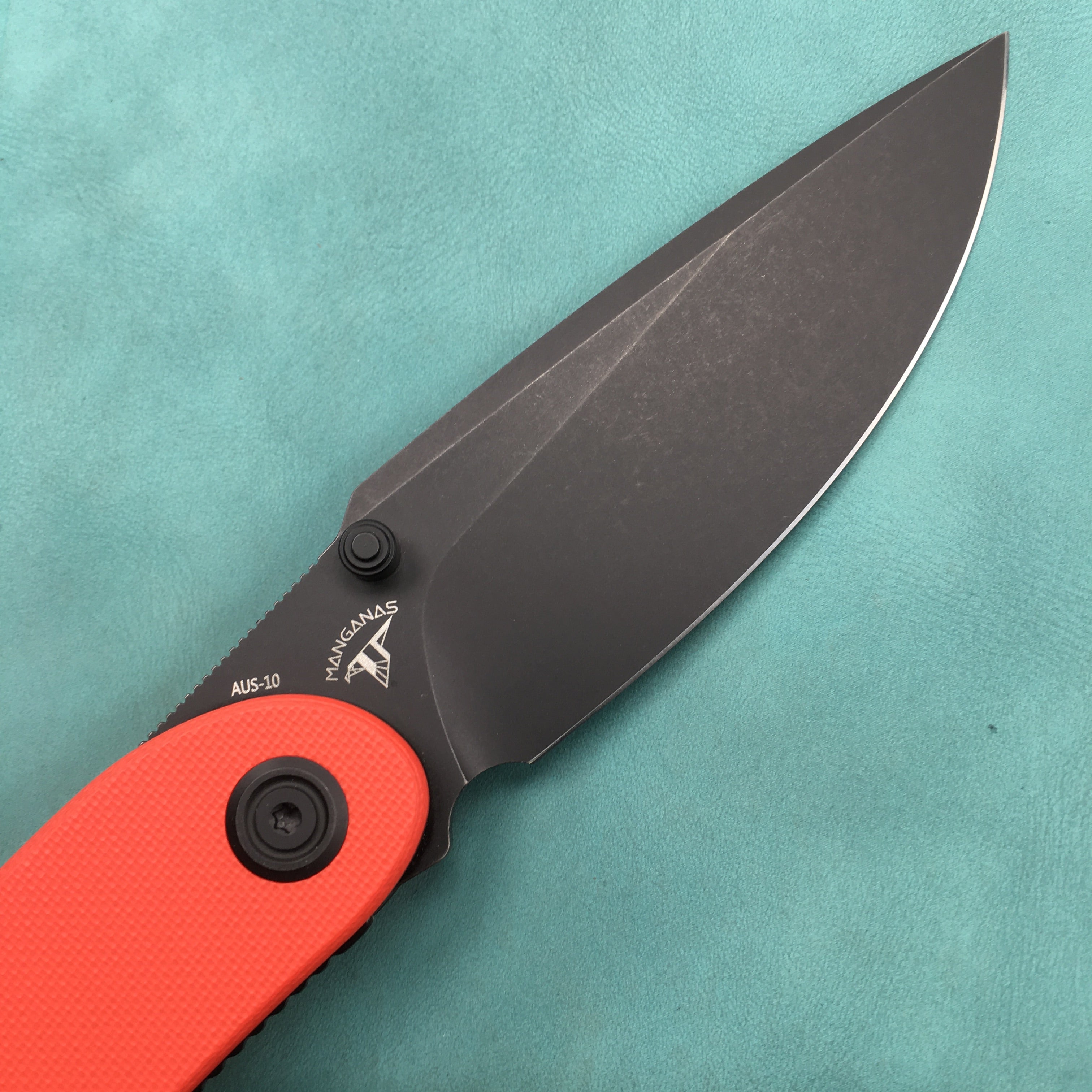 KUBEY KU344I Momentum Sherif Manganas Design Liner Lock Front Flipper  Dual Studs Open Folding Knife Red G10 Handle 3.43" Dark Stonewashed AUS-10