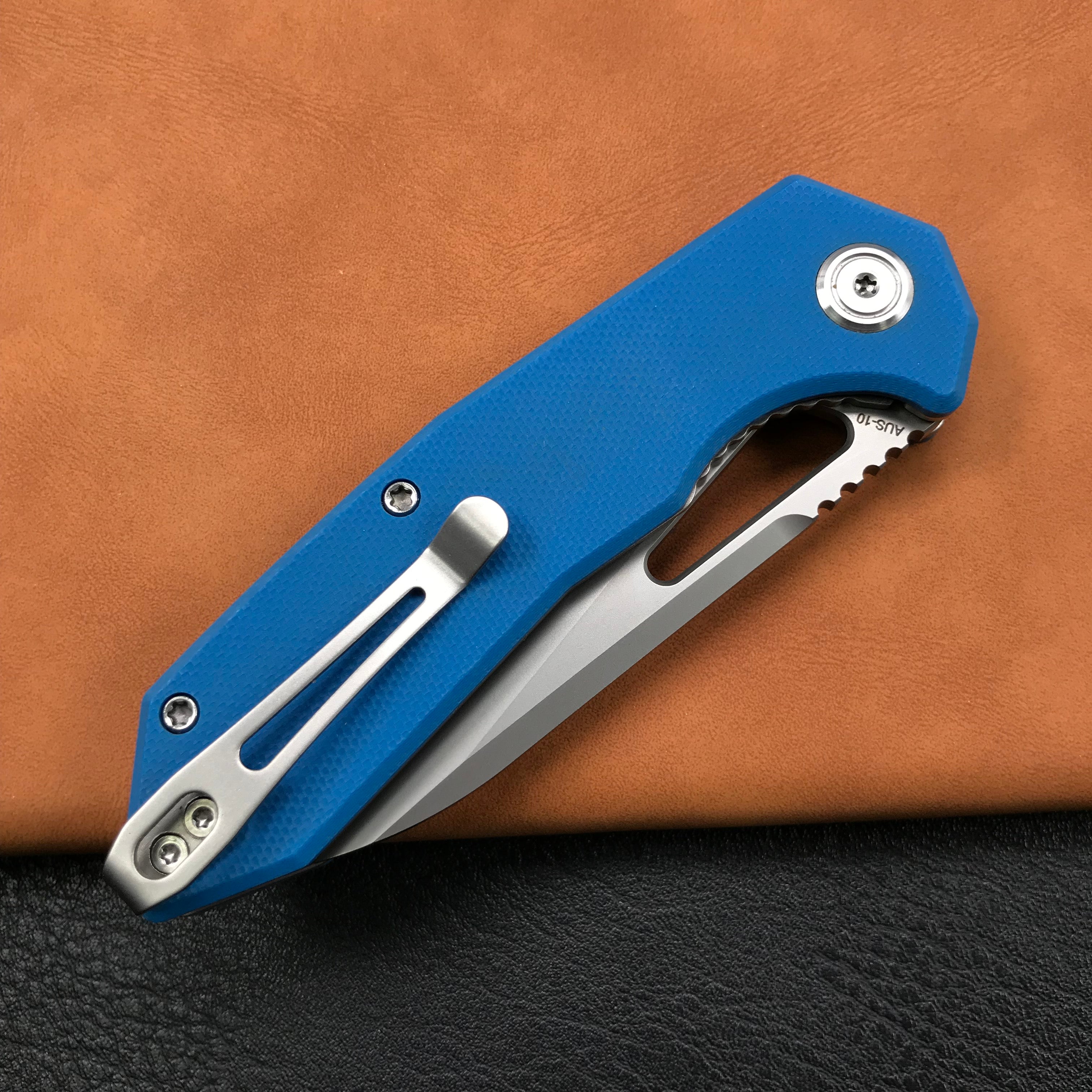 KUBEY KU291C Vagrant Liner Lock Folding Knife Blue G10 Handle (3.1" Sandblast AUS-10)