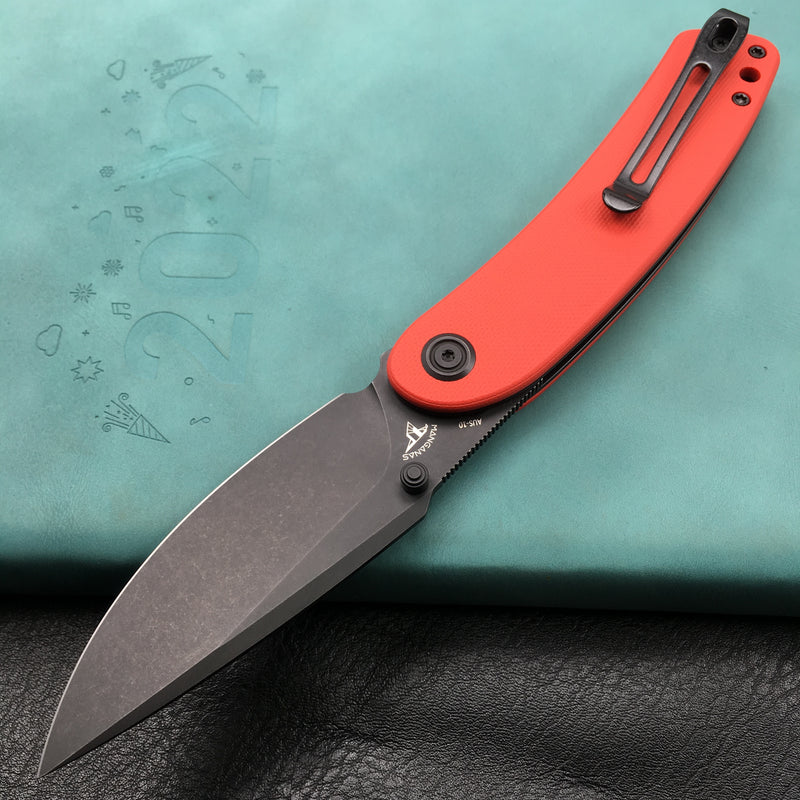 KUBEY KU344I Momentum Sherif Manganas Design Liner Lock Front Flipper  Dual Studs Open Folding Knife Red G10 Handle 3.43" Dark Stonewashed AUS-10