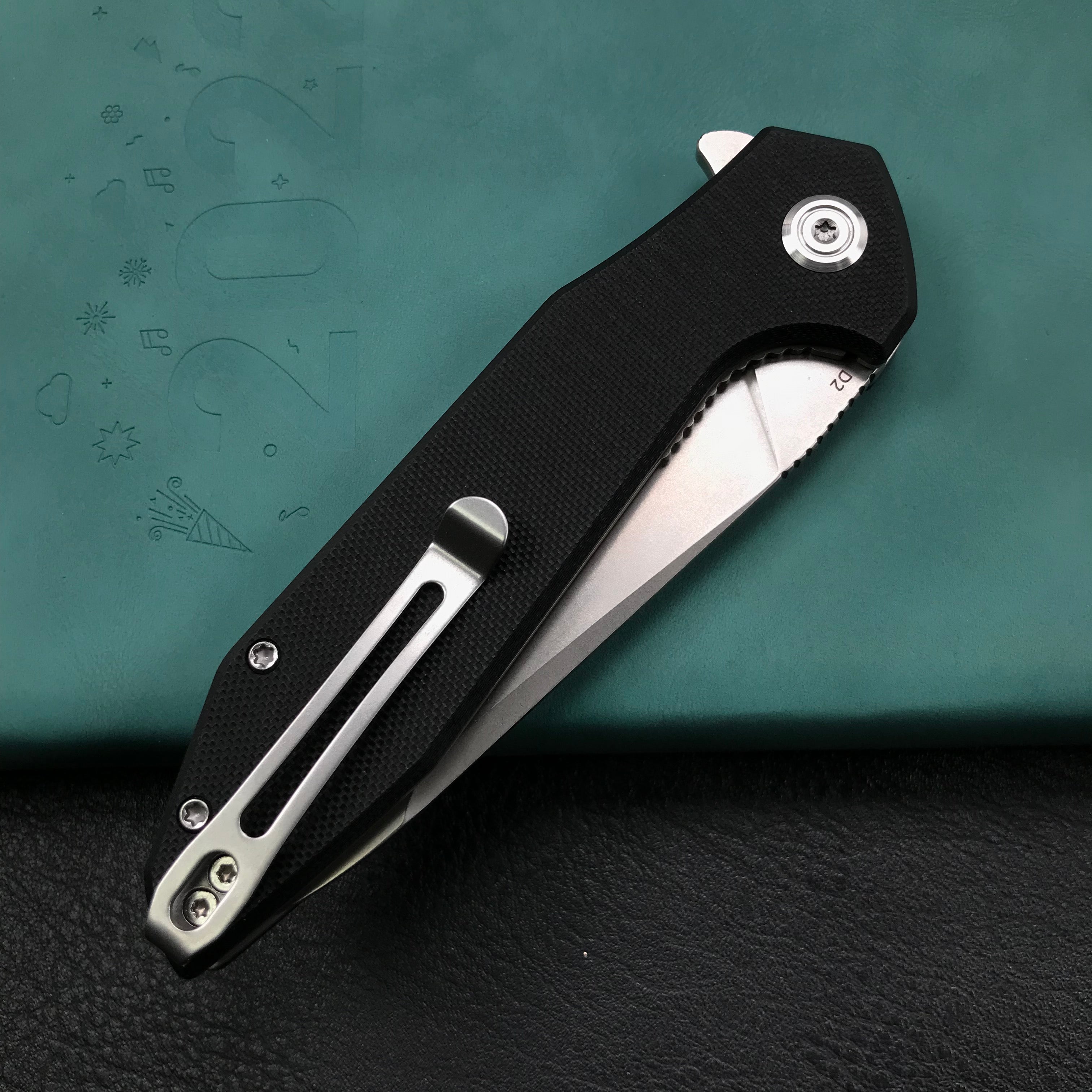 KUBEY KU117A  Liner Lock Flipper Folding Pocket Knife Black G10 Handle Blasted Stonewashed D2