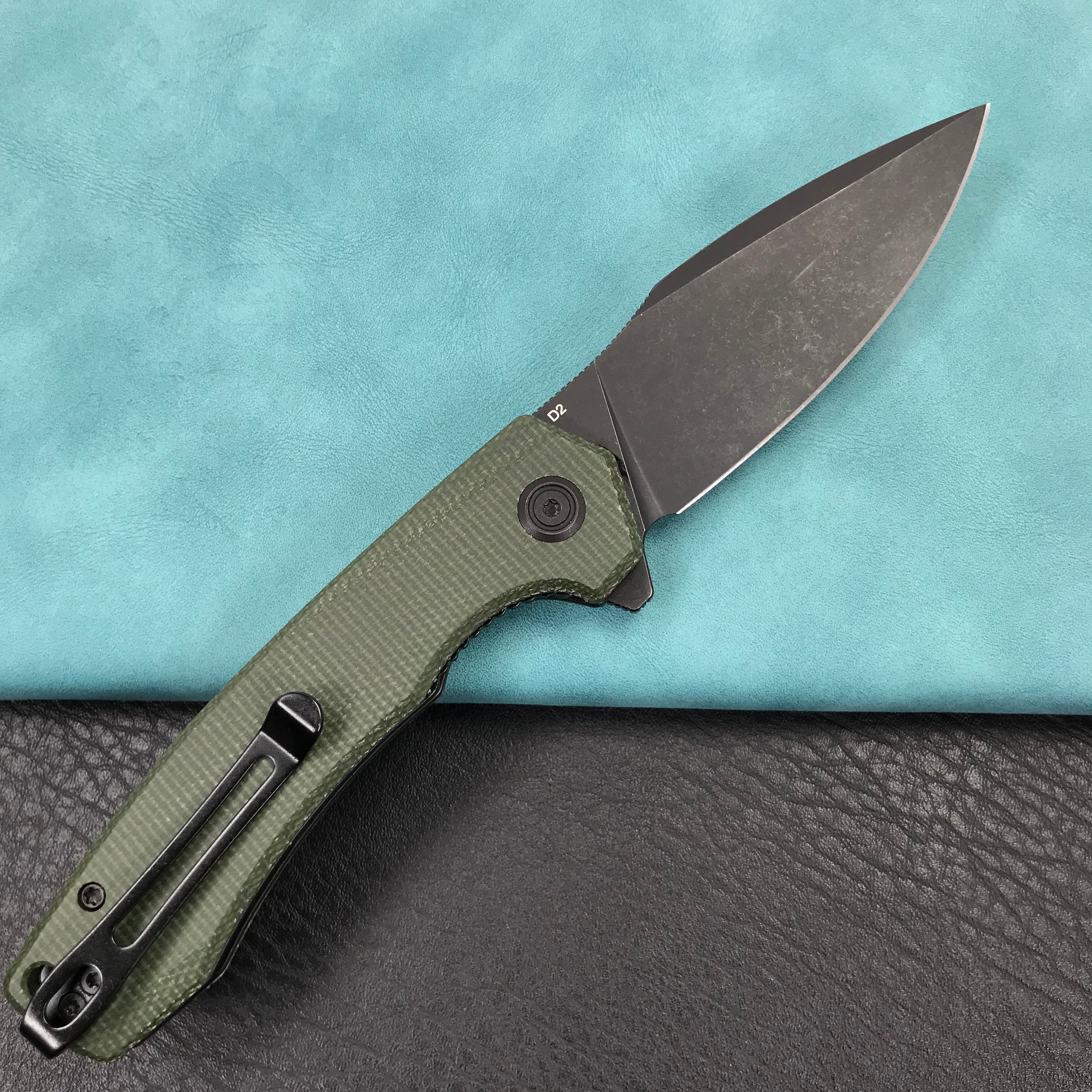 KUBEY  KU901  Liner Lock Flipper Folding Knife Green Micarta Handle 3.27" Black Stonewashe D2