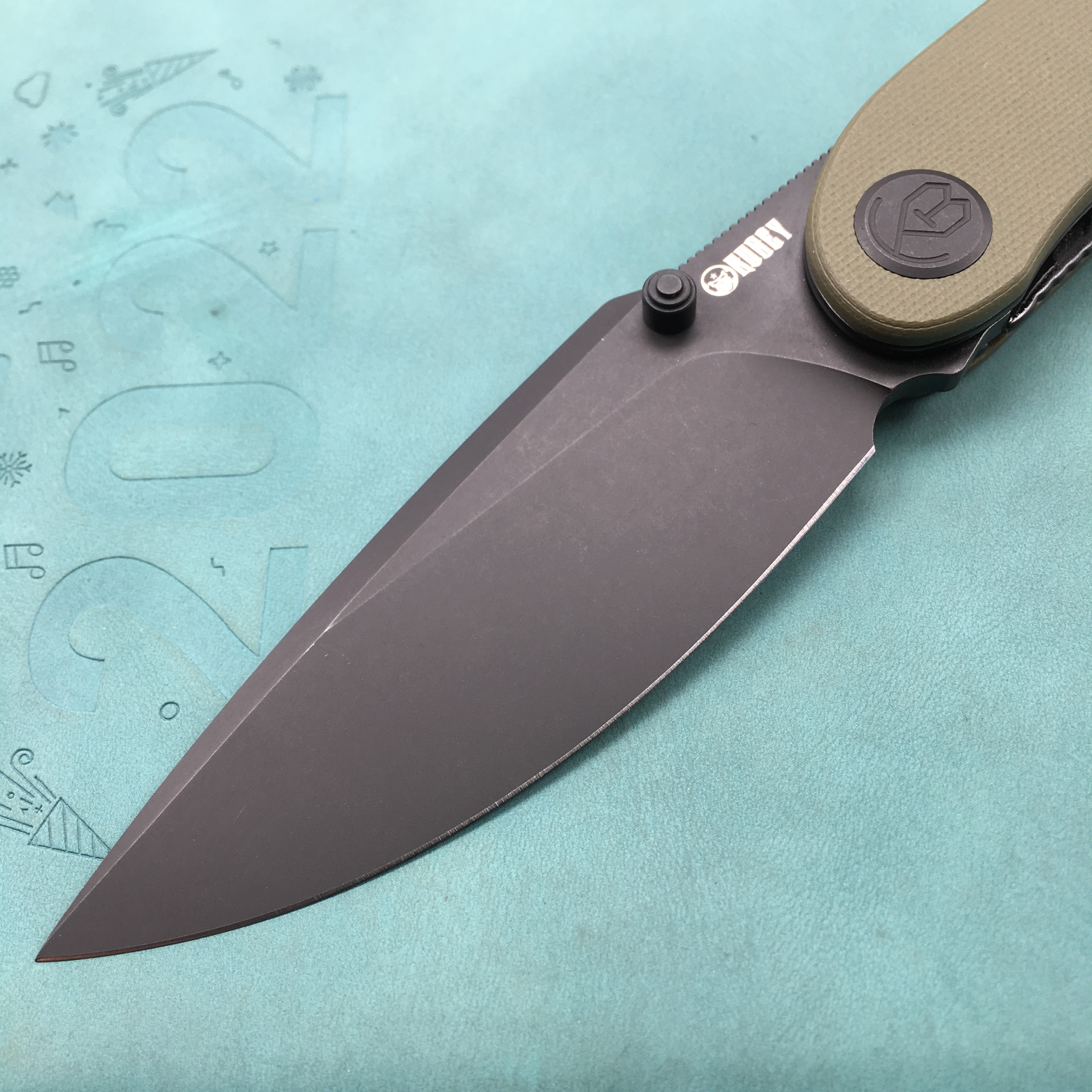 KUBEY KU344G Momentum Sherif Manganas Design Liner Lock Front Flipper / Dual Studs Open Folding Knife Green G10 Handle 3.43" Dark Stonewashed AUS-10