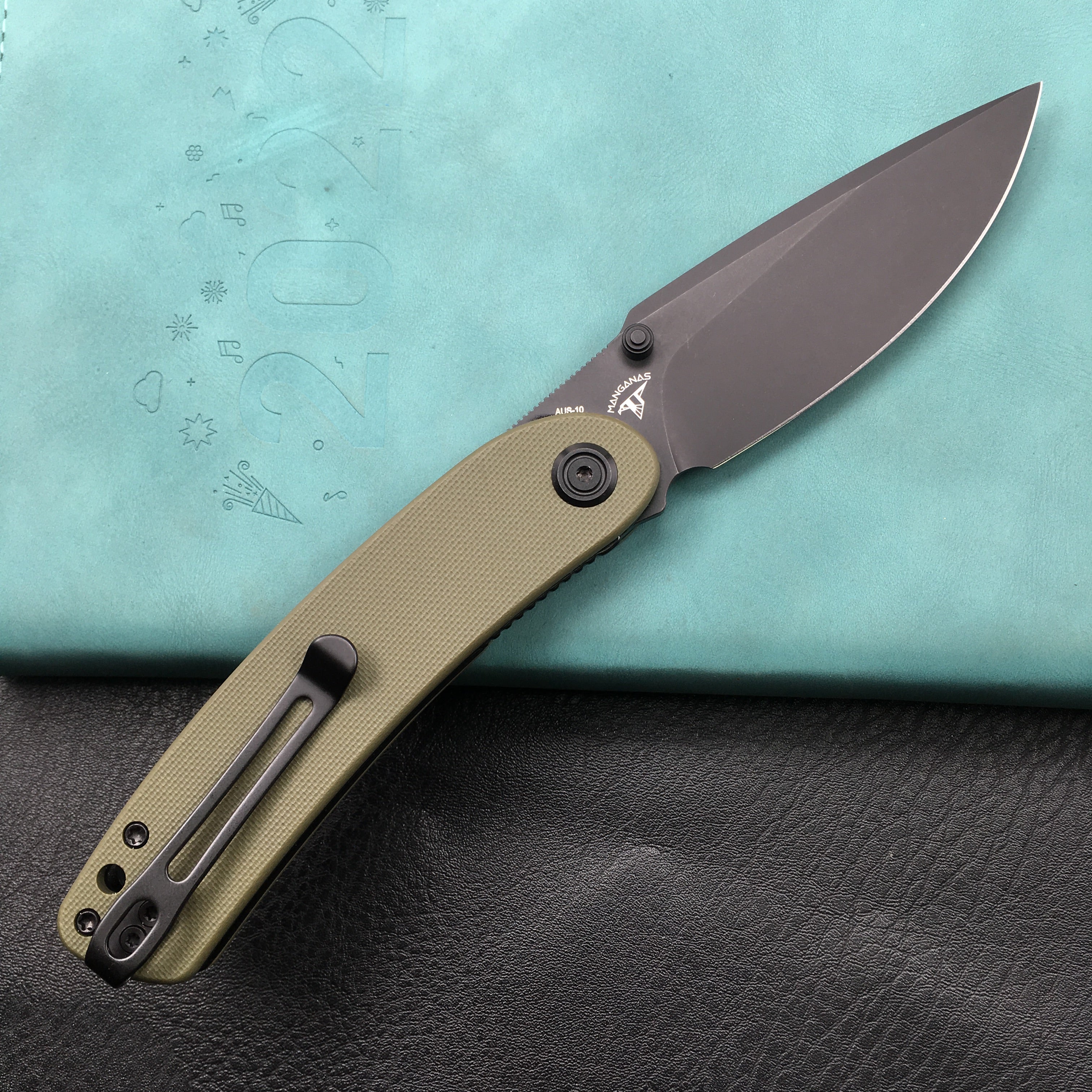 KUBEY KU344G Momentum Sherif Manganas Design Liner Lock Front Flipper / Dual Studs Open Folding Knife Green G10 Handle 3.43" Dark Stonewashed AUS-10