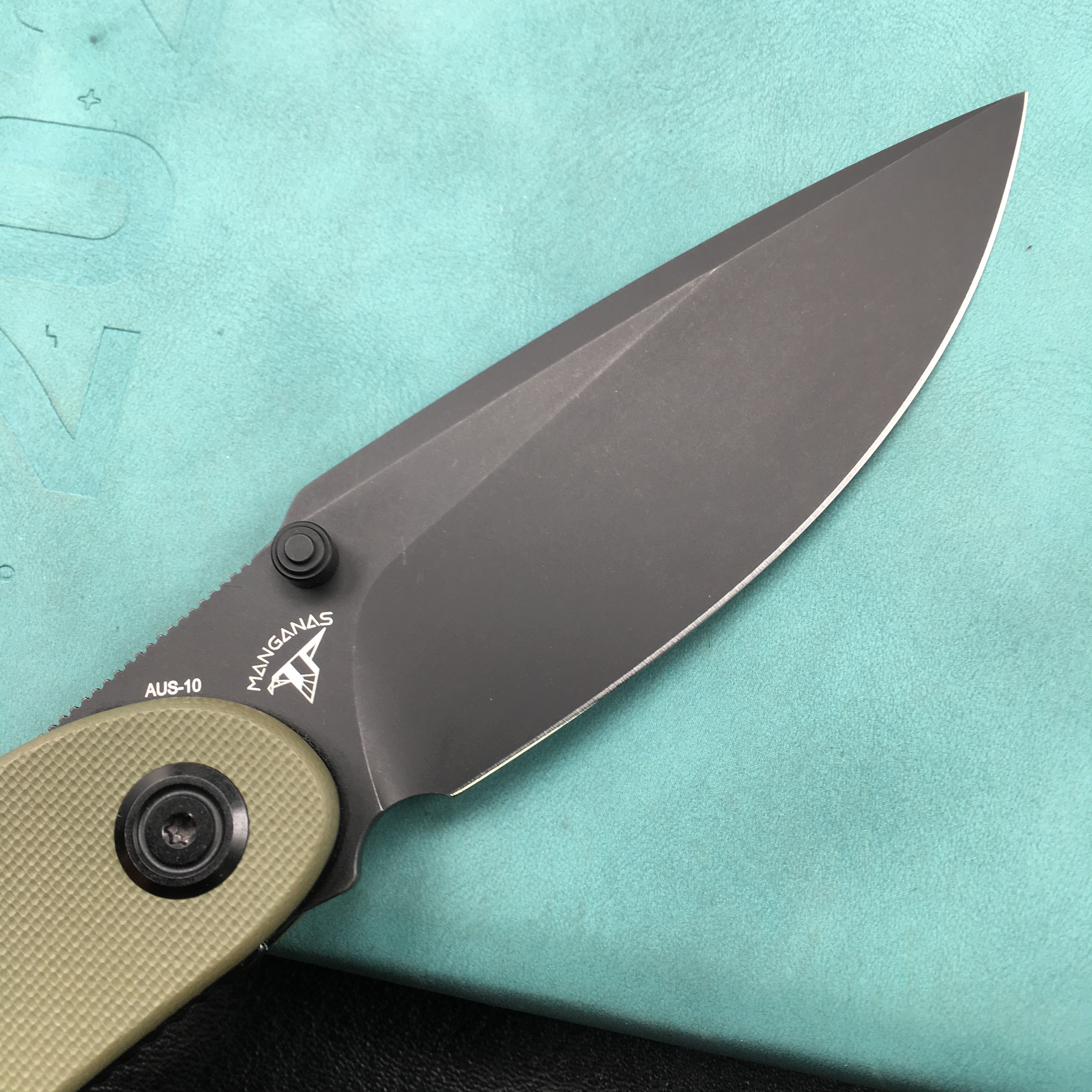 KUBEY KU344G Momentum Sherif Manganas Design Liner Lock Front Flipper / Dual Studs Open Folding Knife Green G10 Handle 3.43" Dark Stonewashed AUS-10