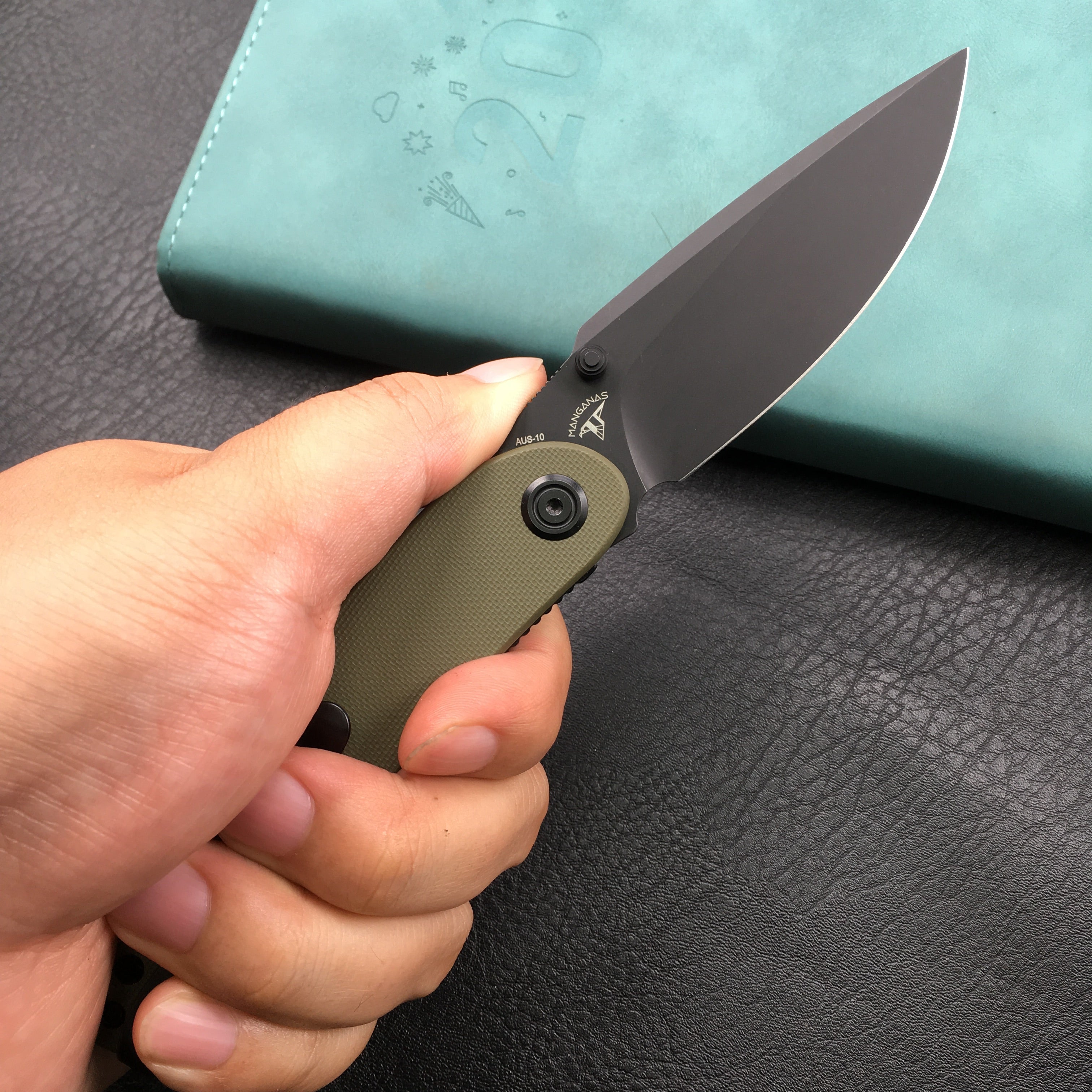 KUBEY KU344G Momentum Sherif Manganas Design Liner Lock Front Flipper / Dual Studs Open Folding Knife Green G10 Handle 3.43" Dark Stonewashed AUS-10