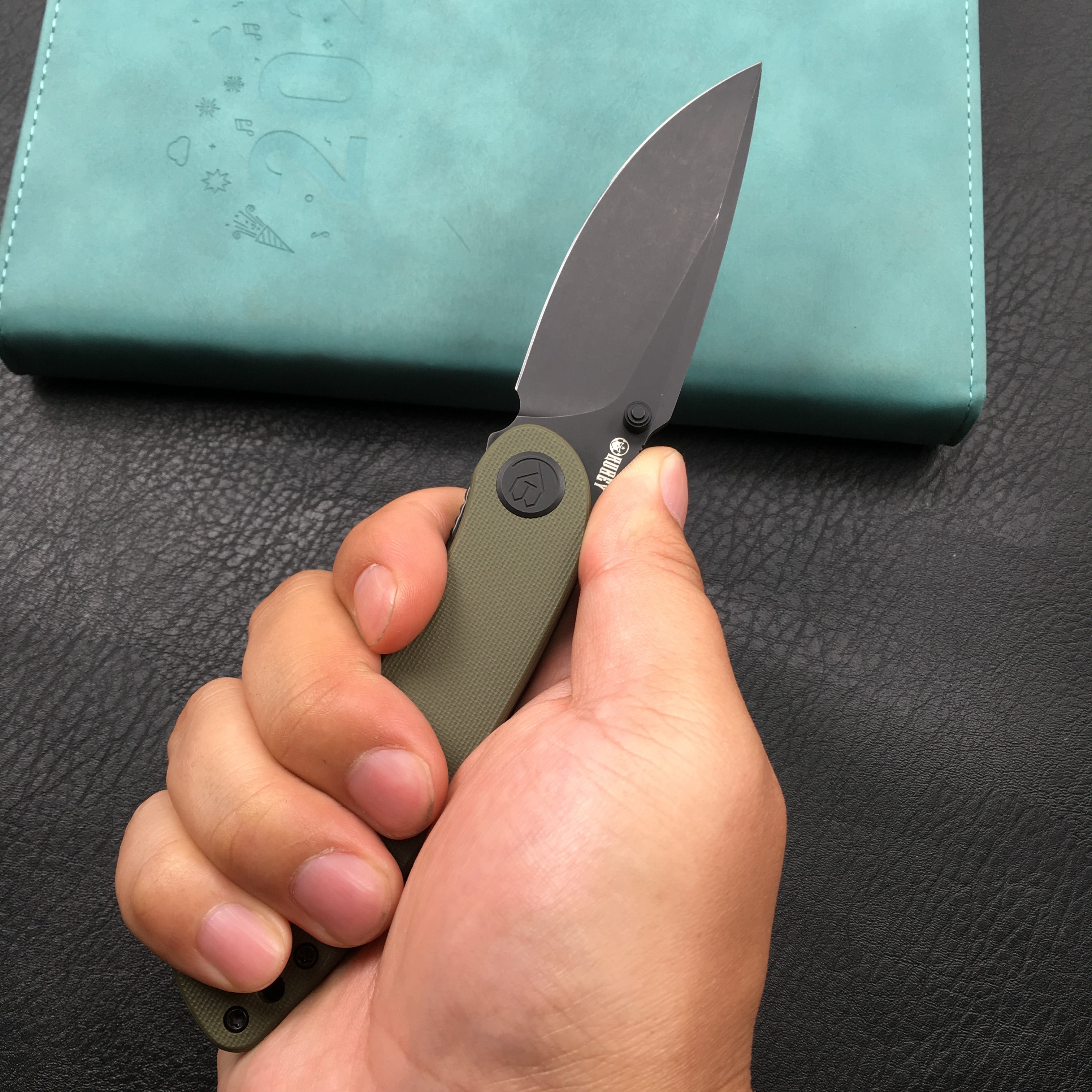 KUBEY KU344G Momentum Sherif Manganas Design Liner Lock Front Flipper / Dual Studs Open Folding Knife Green G10 Handle 3.43" Dark Stonewashed AUS-10