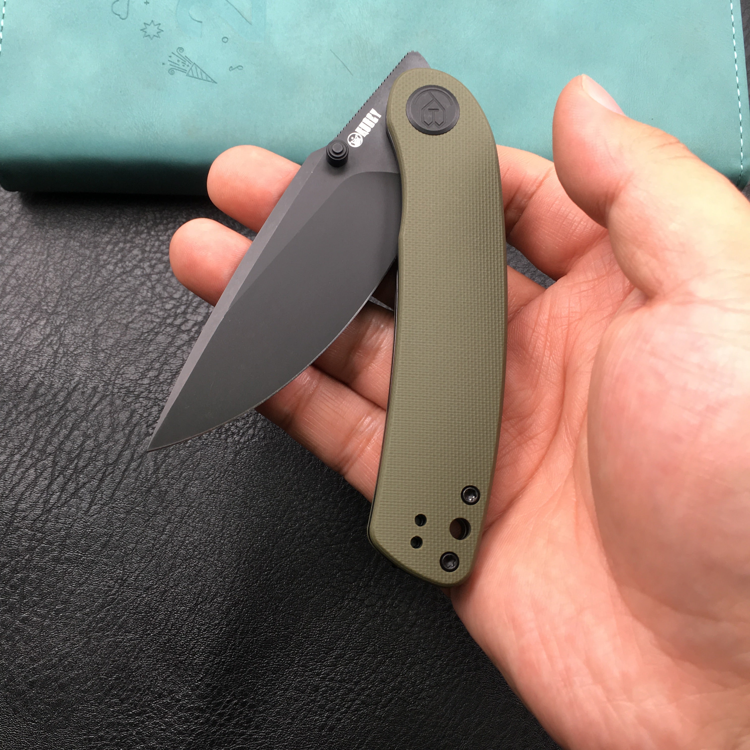 KUBEY KU344G Momentum Sherif Manganas Design Liner Lock Front Flipper / Dual Studs Open Folding Knife Green G10 Handle 3.43" Dark Stonewashed AUS-10