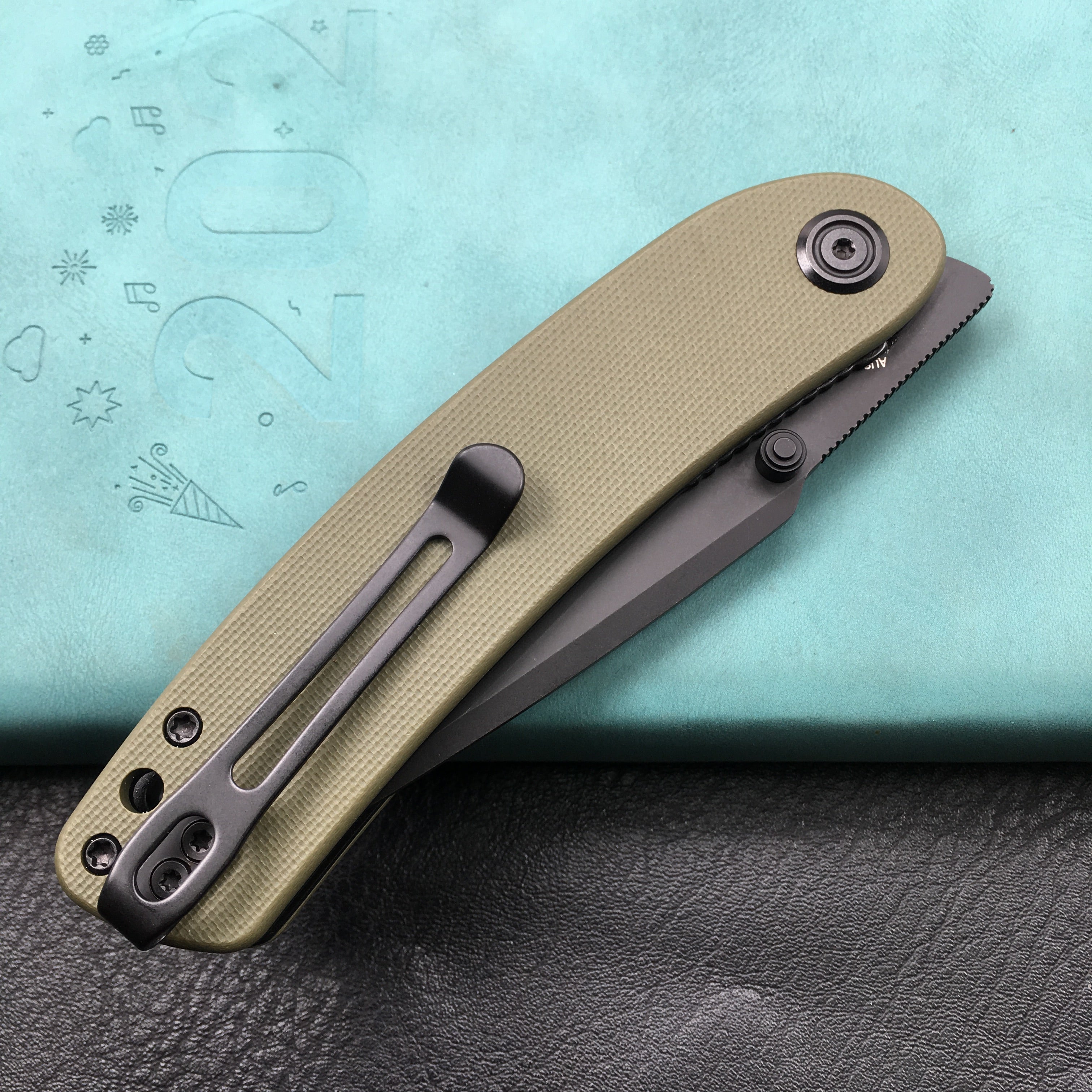 KUBEY KU344G Momentum Sherif Manganas Design Liner Lock Front Flipper / Dual Studs Open Folding Knife Green G10 Handle 3.43" Dark Stonewashed AUS-10