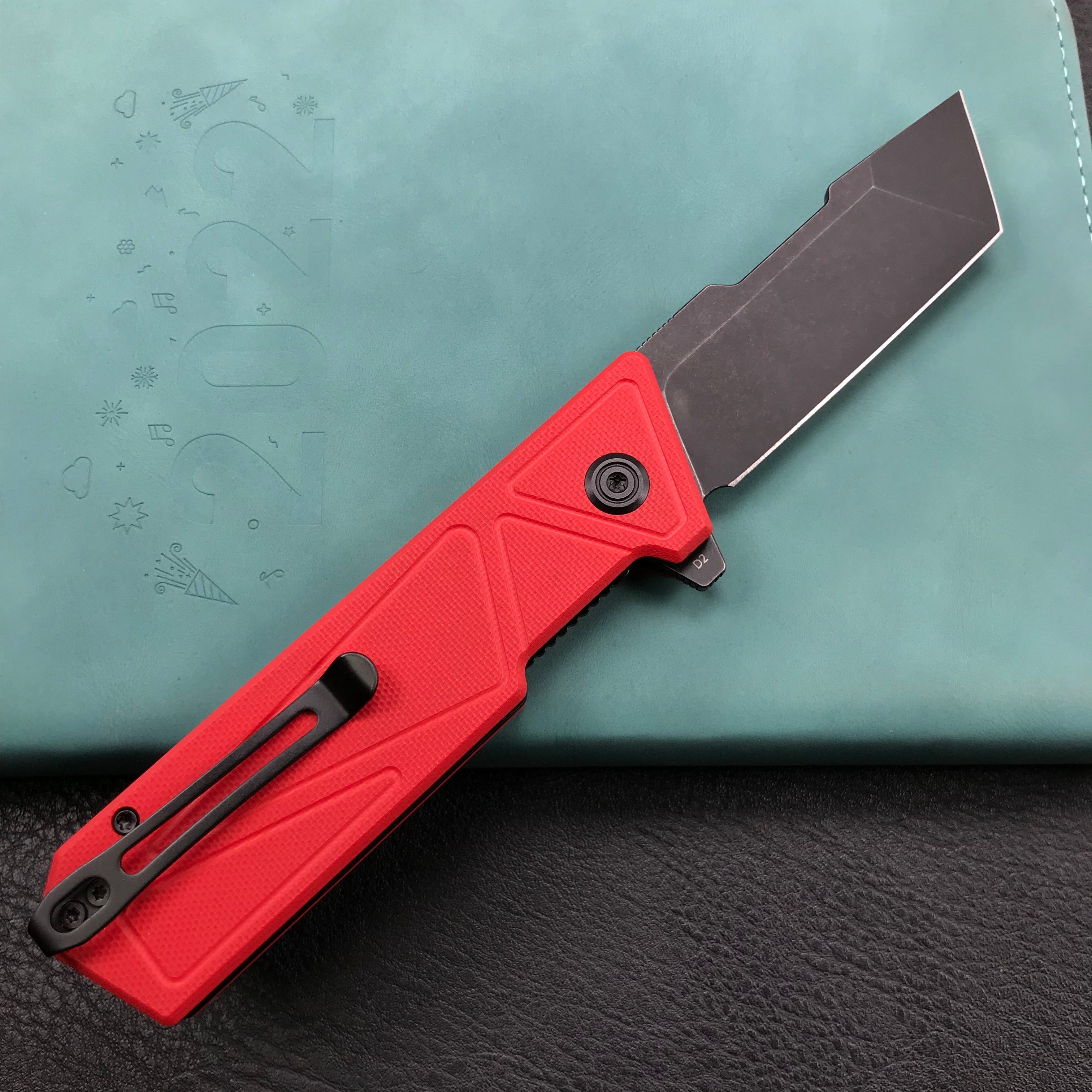 KUBEY KU104D Avenger Outdoor Edc Folding Pocket Knife Red G10 Handle 3.07" Dark Stonewashed D2