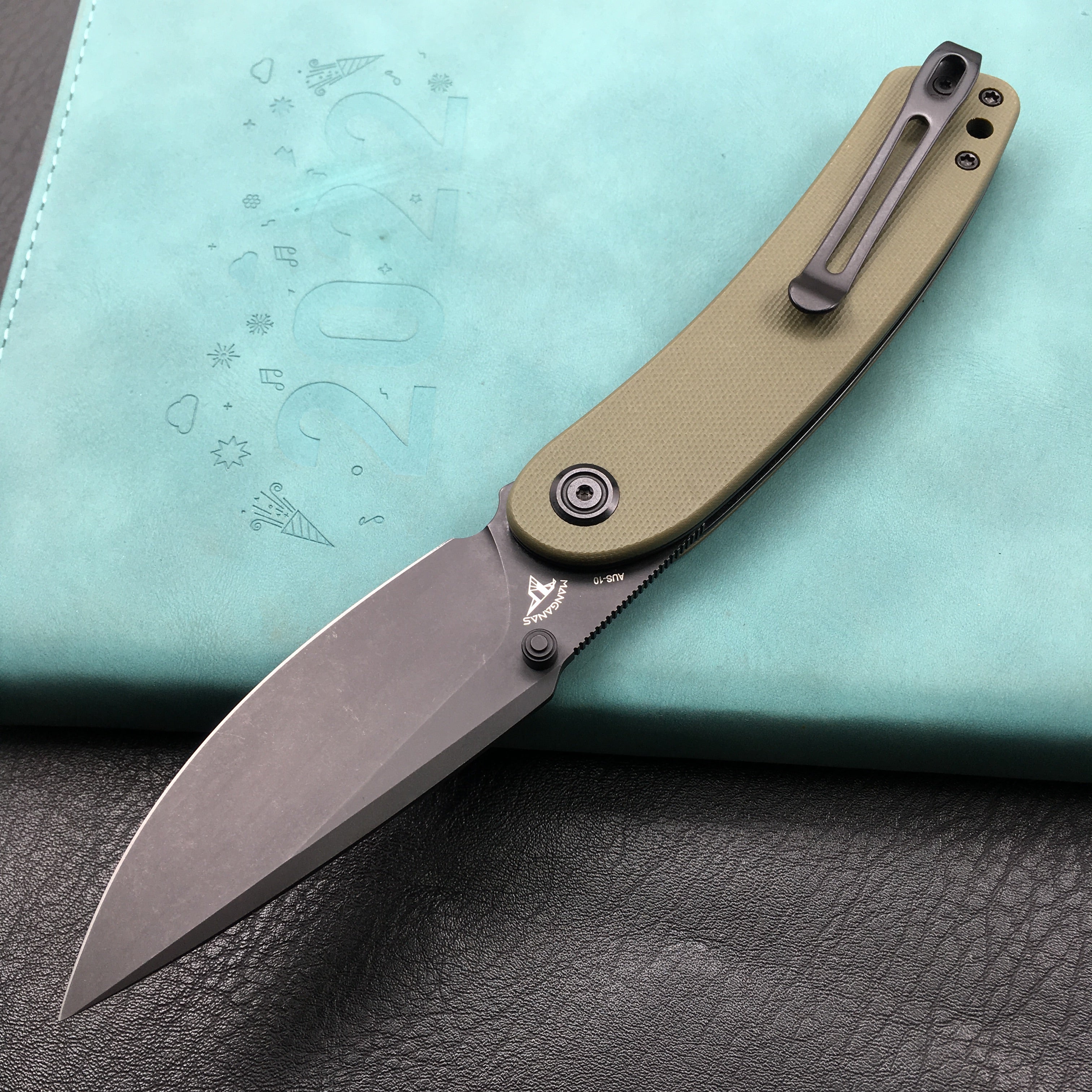 KUBEY KU344G Momentum Sherif Manganas Design Liner Lock Front Flipper / Dual Studs Open Folding Knife Green G10 Handle 3.43" Dark Stonewashed AUS-10