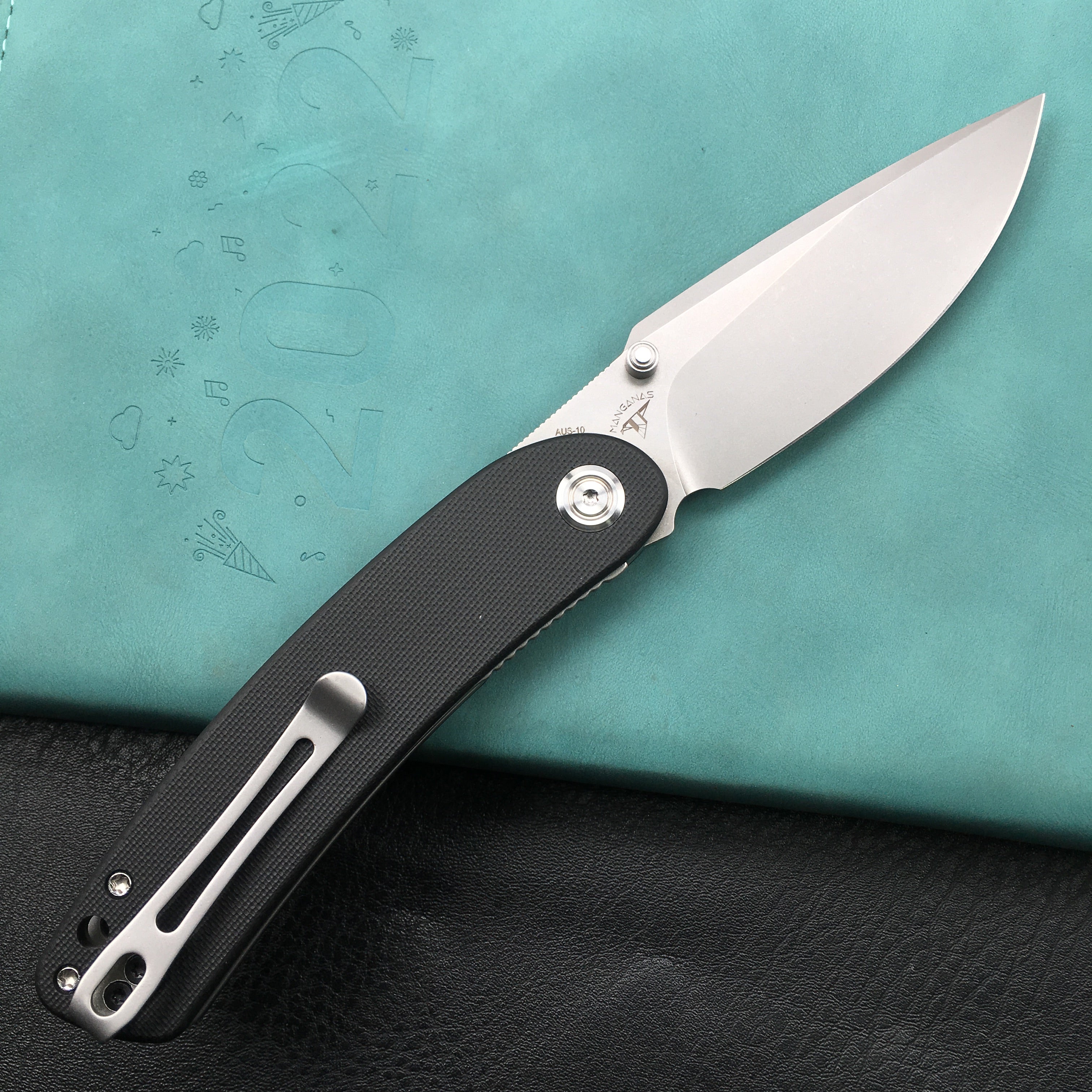 KUBEY KU344H Momentum Sherif Manganas Design Liner Lock Front Flipper / Dual Studs Open Folding Knife Black G10 Handle 3.43" Bead Blasted AUS-10