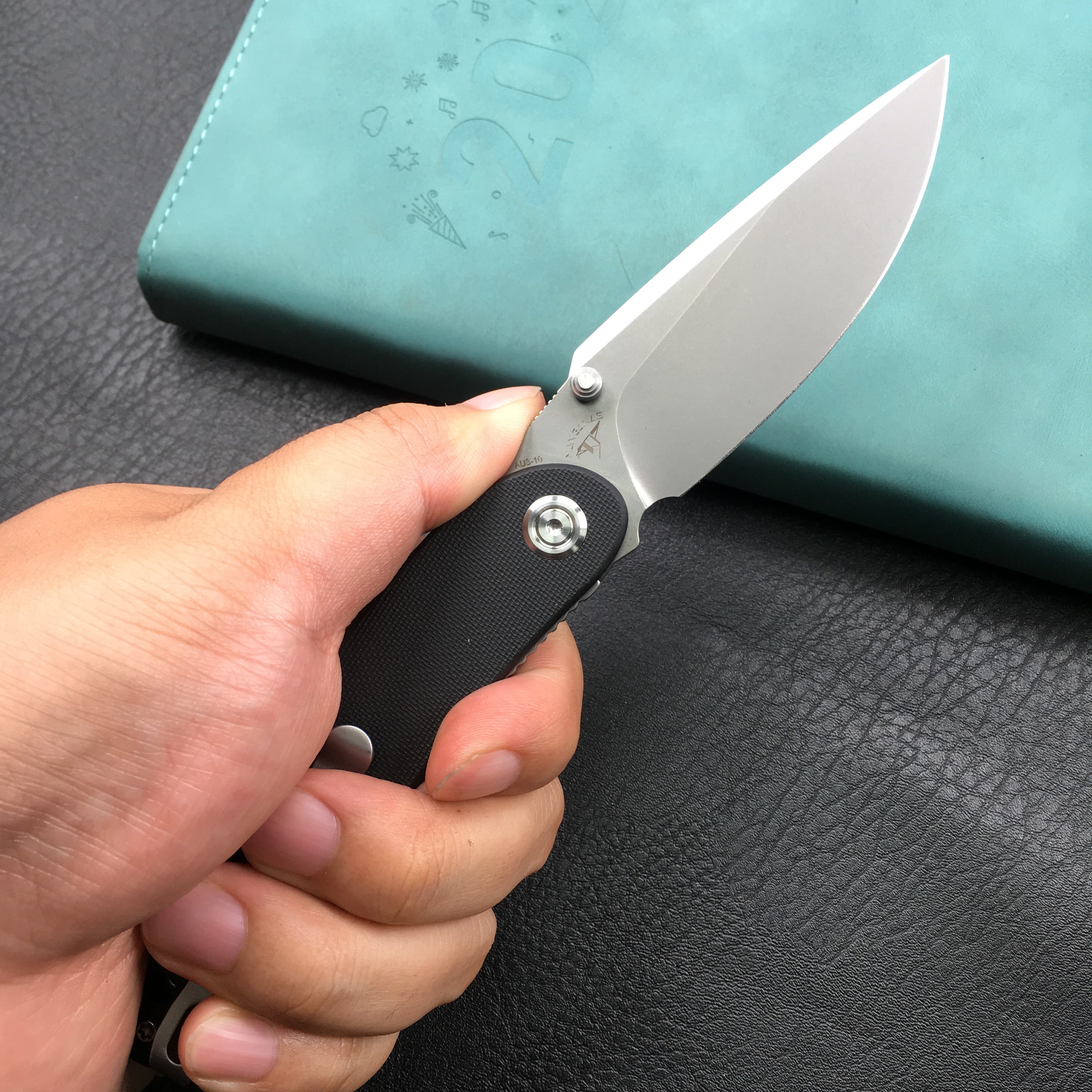 KUBEY KU344H Momentum Sherif Manganas Design Liner Lock Front Flipper / Dual Studs Open Folding Knife Black G10 Handle 3.43" Bead Blasted AUS-10