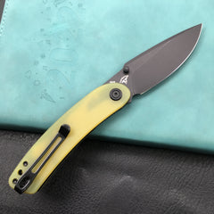 KUBEY KU344F Momentum Sherif Manganas Design Liner Lock Front Flipper / Dual Studs Open Folding Knife Translucent Yellow G10 Handle 3.43" Dark Stonewashed AUS-10