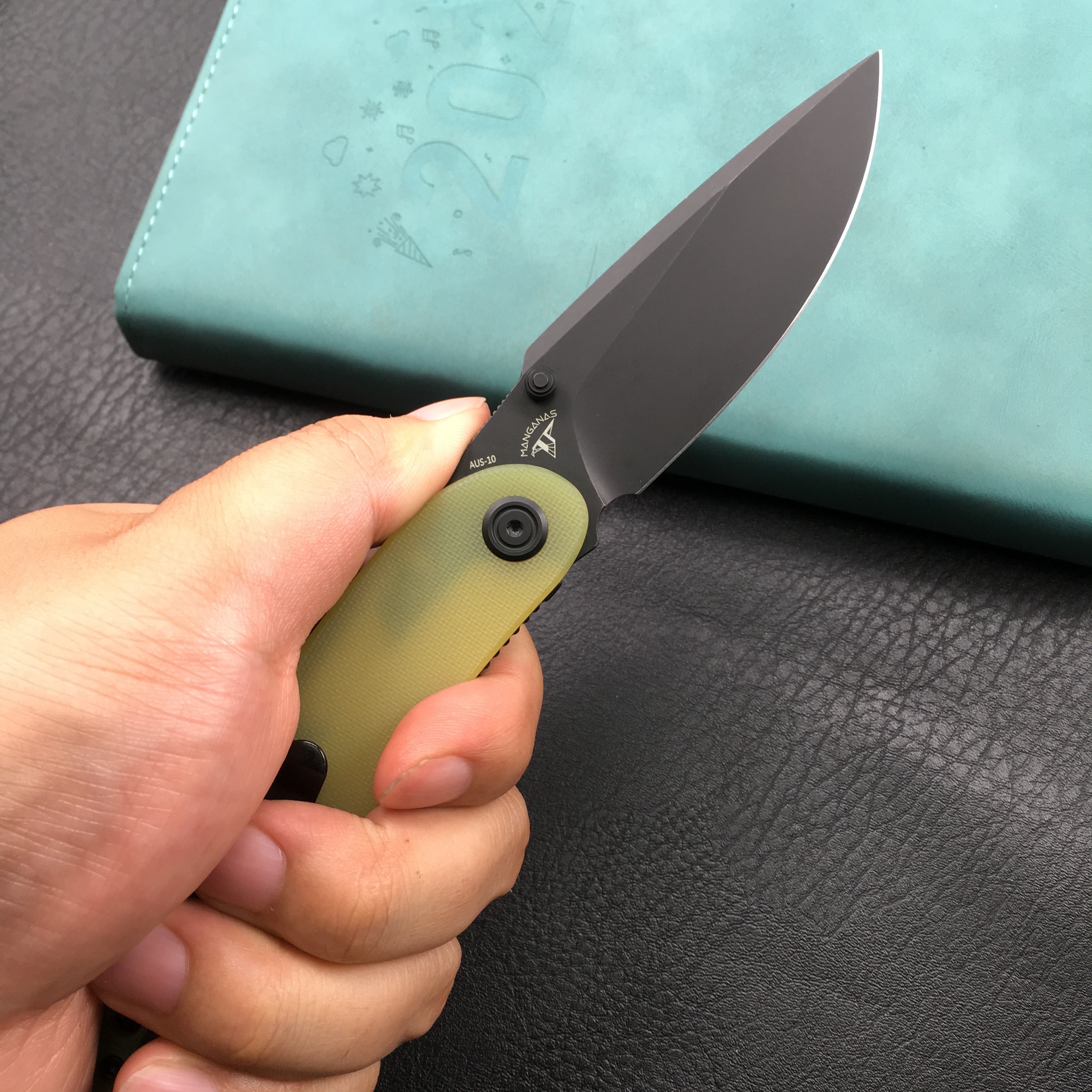 KUBEY KU344F Momentum Sherif Manganas Design Liner Lock Front Flipper / Dual Studs Open Folding Knife Translucent Yellow G10 Handle 3.43" Dark Stonewashed AUS-10