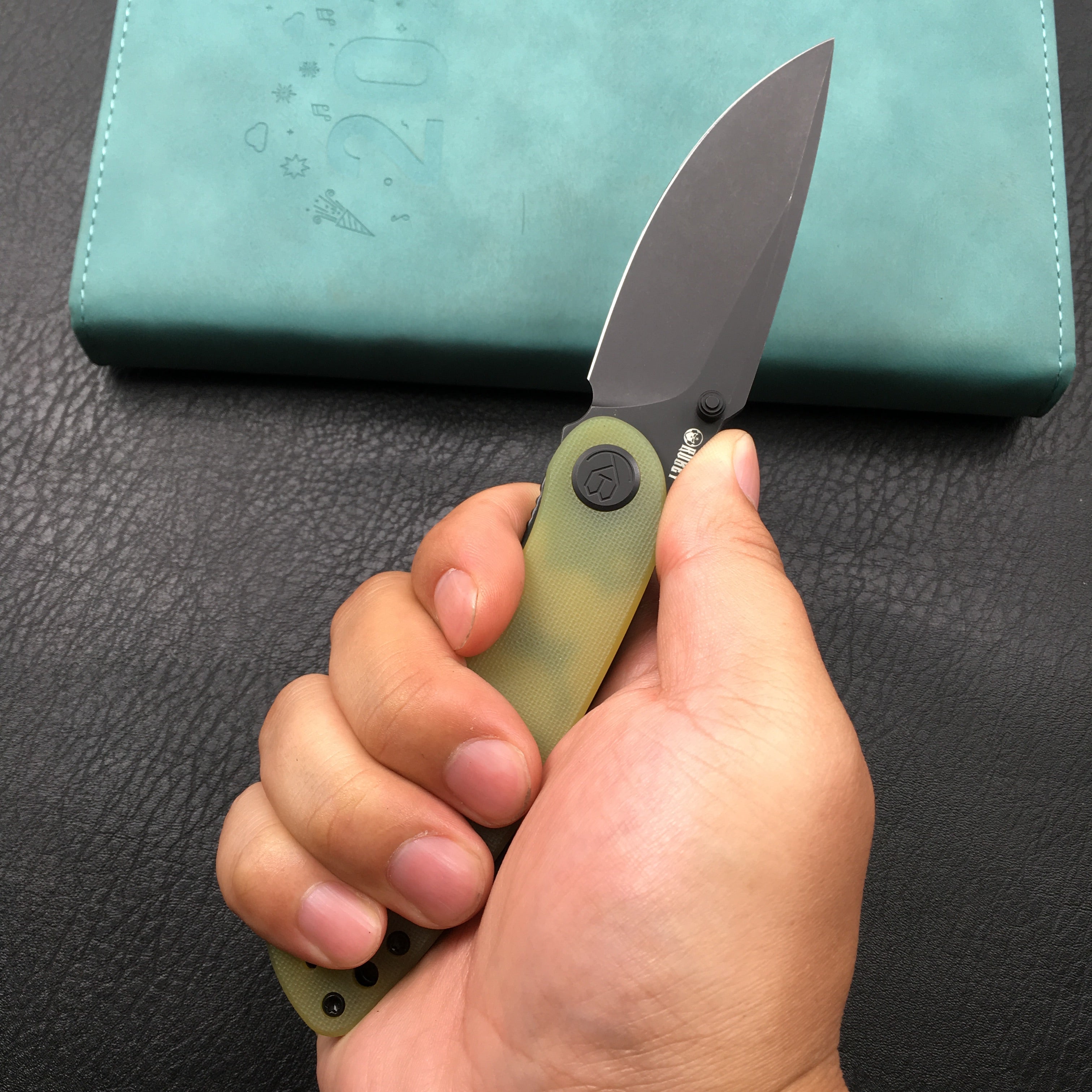 KUBEY KU344F Momentum Sherif Manganas Design Liner Lock Front Flipper / Dual Studs Open Folding Knife Translucent Yellow G10 Handle 3.43" Dark Stonewashed AUS-10