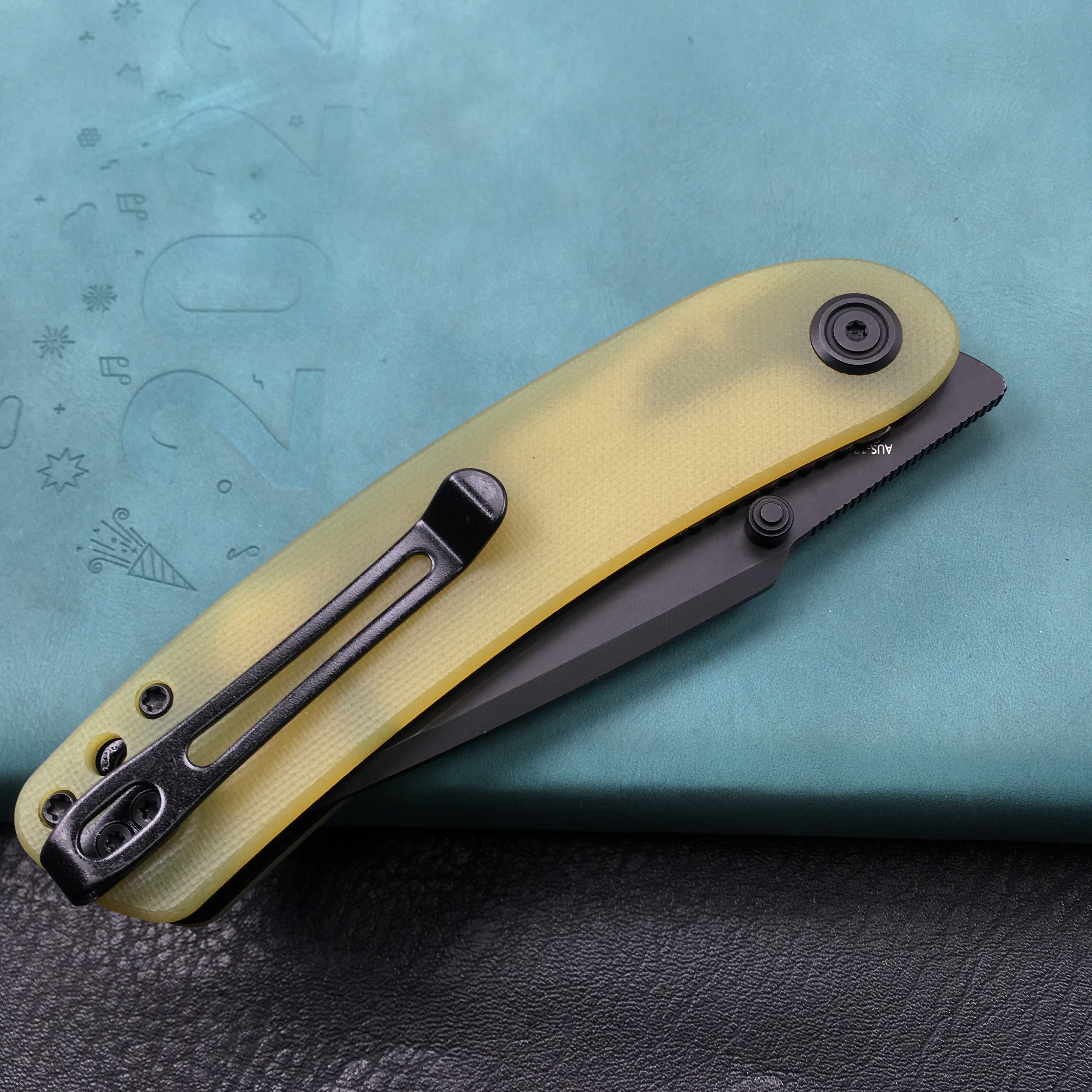 KUBEY KU344F Momentum Sherif Manganas Design Liner Lock Front Flipper / Dual Studs Open Folding Knife Translucent Yellow G10 Handle 3.43" Dark Stonewashed AUS-10