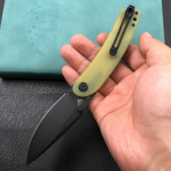 KUBEY KU344F Momentum Sherif Manganas Design Liner Lock Front Flipper / Dual Studs Open Folding Knife Translucent Yellow G10 Handle 3.43" Dark Stonewashed AUS-10