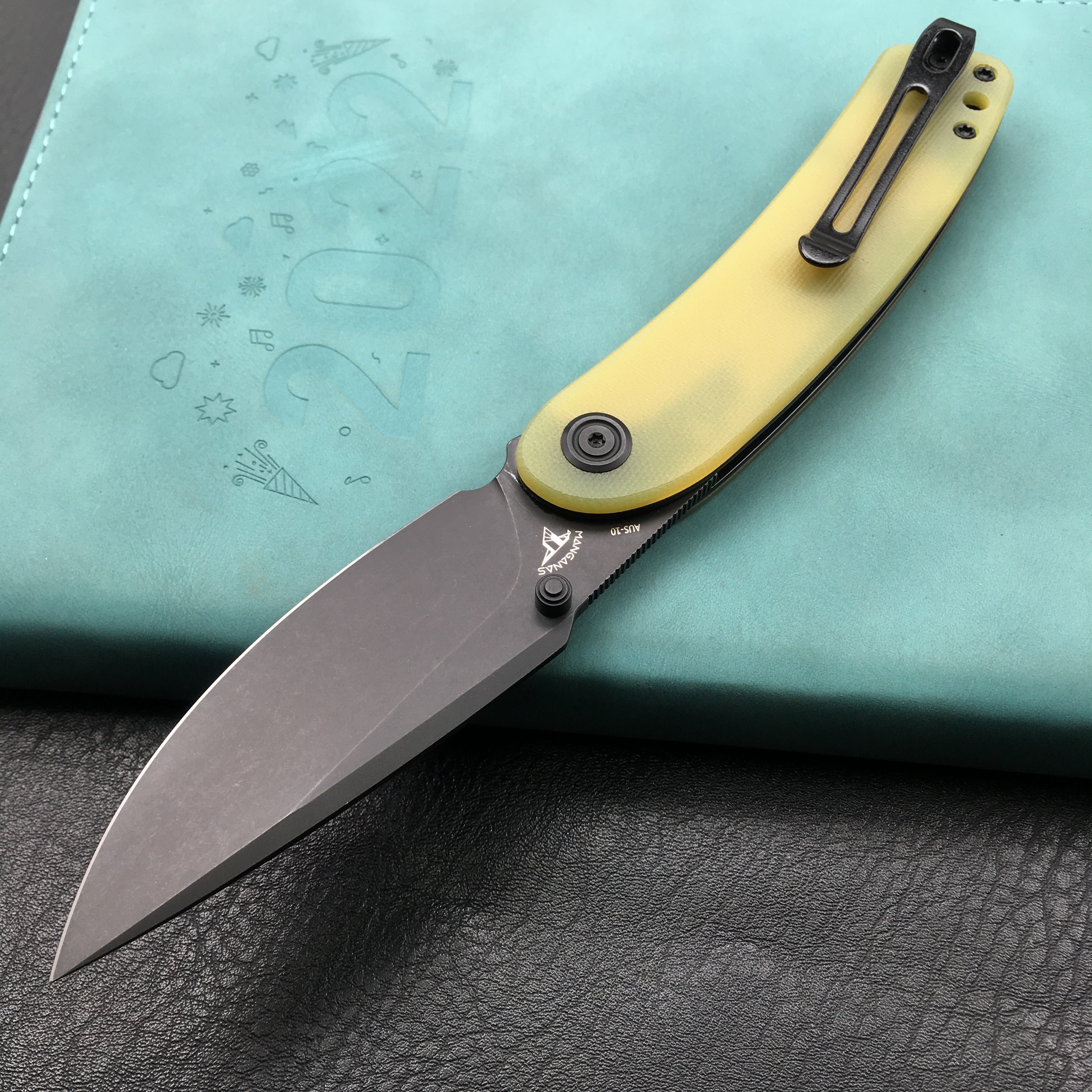 KUBEY KU344F Momentum Sherif Manganas Design Liner Lock Front Flipper / Dual Studs Open Folding Knife Translucent Yellow G10 Handle 3.43" Dark Stonewashed AUS-10