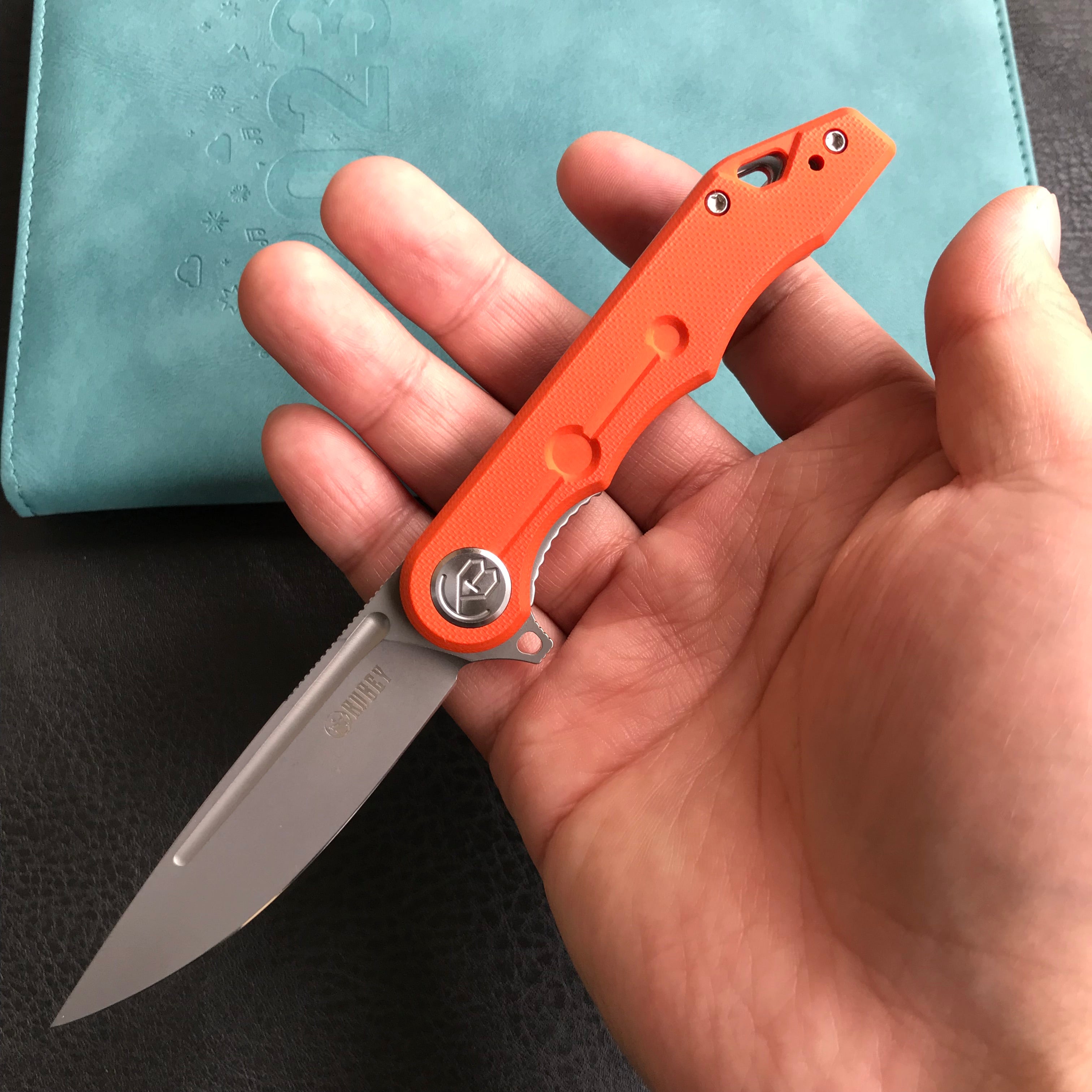 KUBEY KU312I Mizo Liner Lock Flipper Folding Knife Orange G10 Handle 3.15" Bead Blasted AUS-10