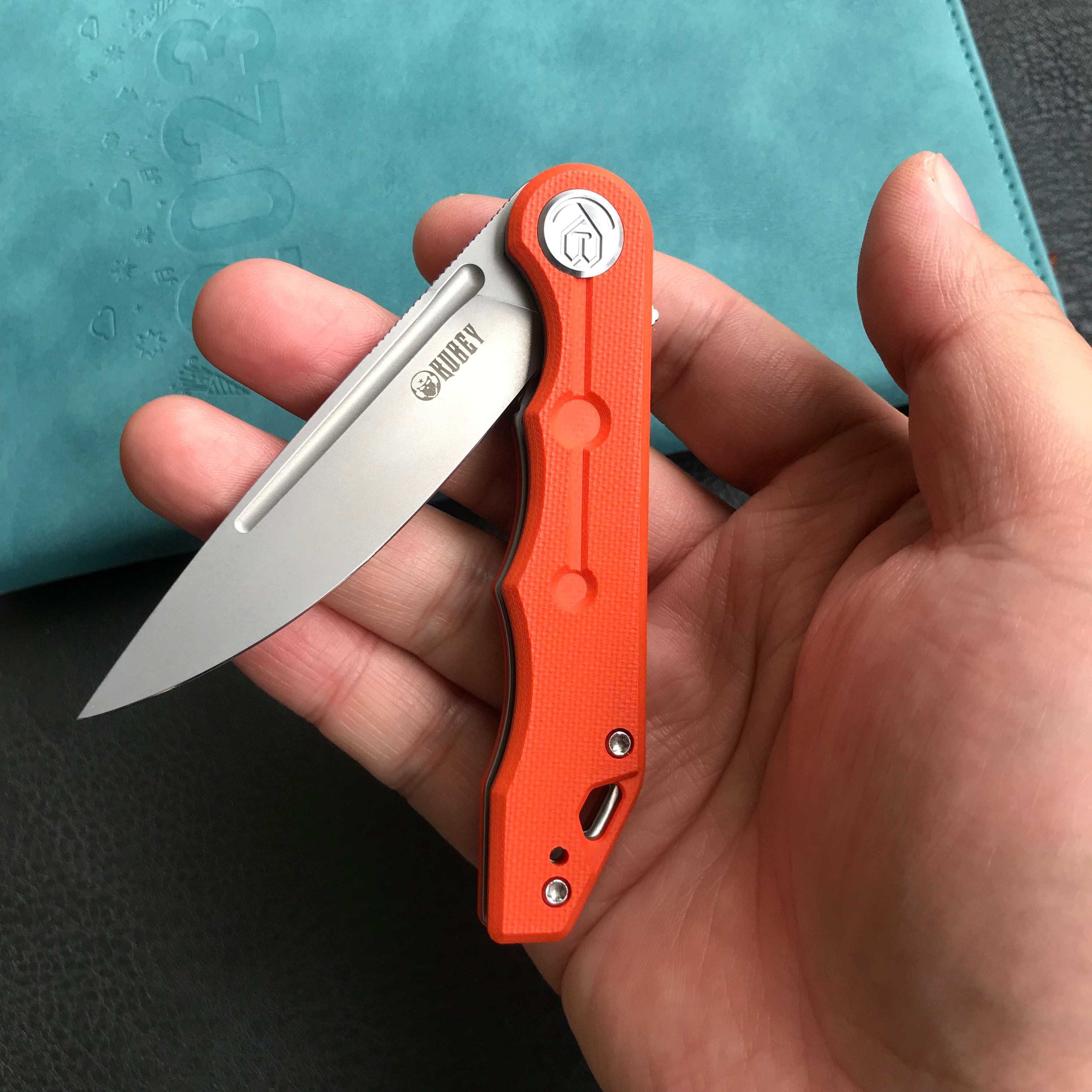 KUBEY KU312I Mizo Liner Lock Flipper Folding Knife Orange G10 Handle 3.15" Bead Blasted AUS-10