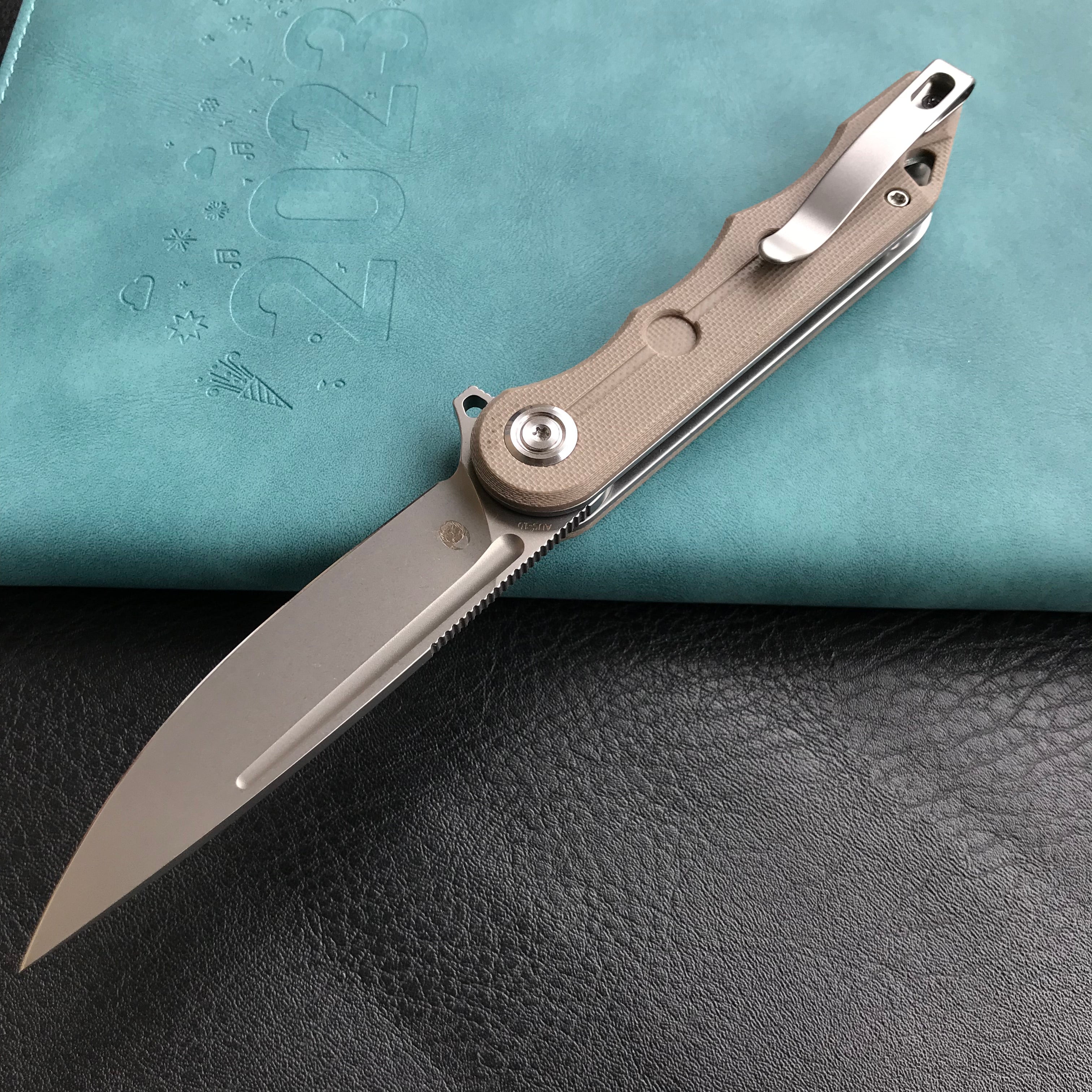 KUBEY KU312H Mizo Liner Lock Flipper Folding Knife Tan G10 Handle 3.15" Bead Blasted AUS-10