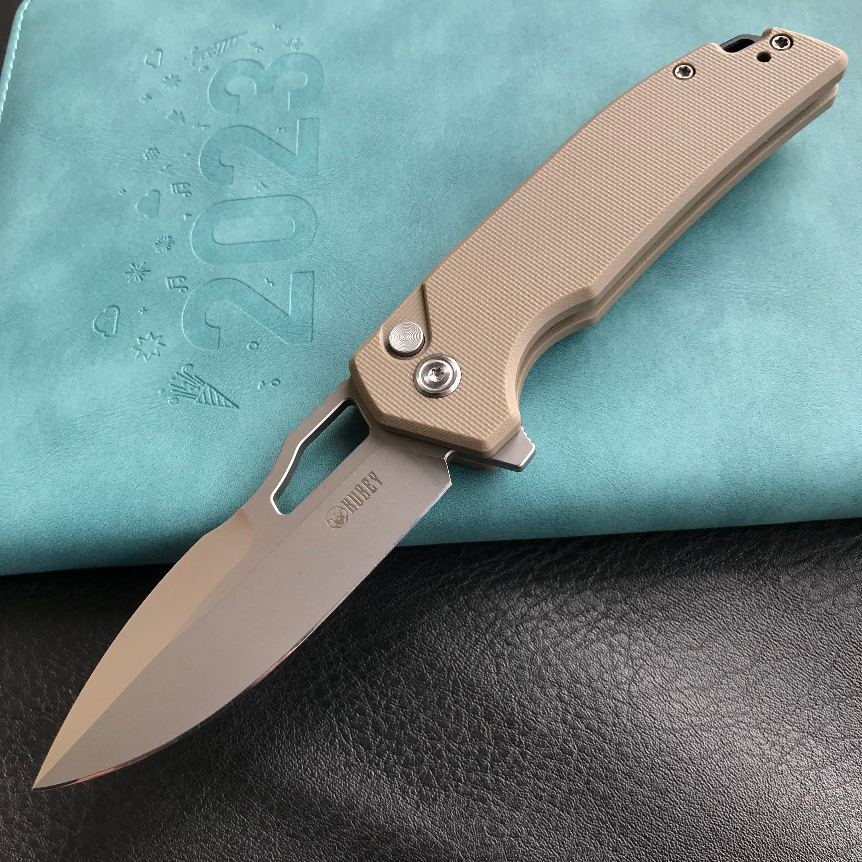 KUBEY KU316D RDF Pocket Knife with Button Lock, Full-Contoured Tan G-10 Handle 3.11" Bead Blasted AUS-10 Blade, Lightweight Hydra Designed Folding Knife for EDC