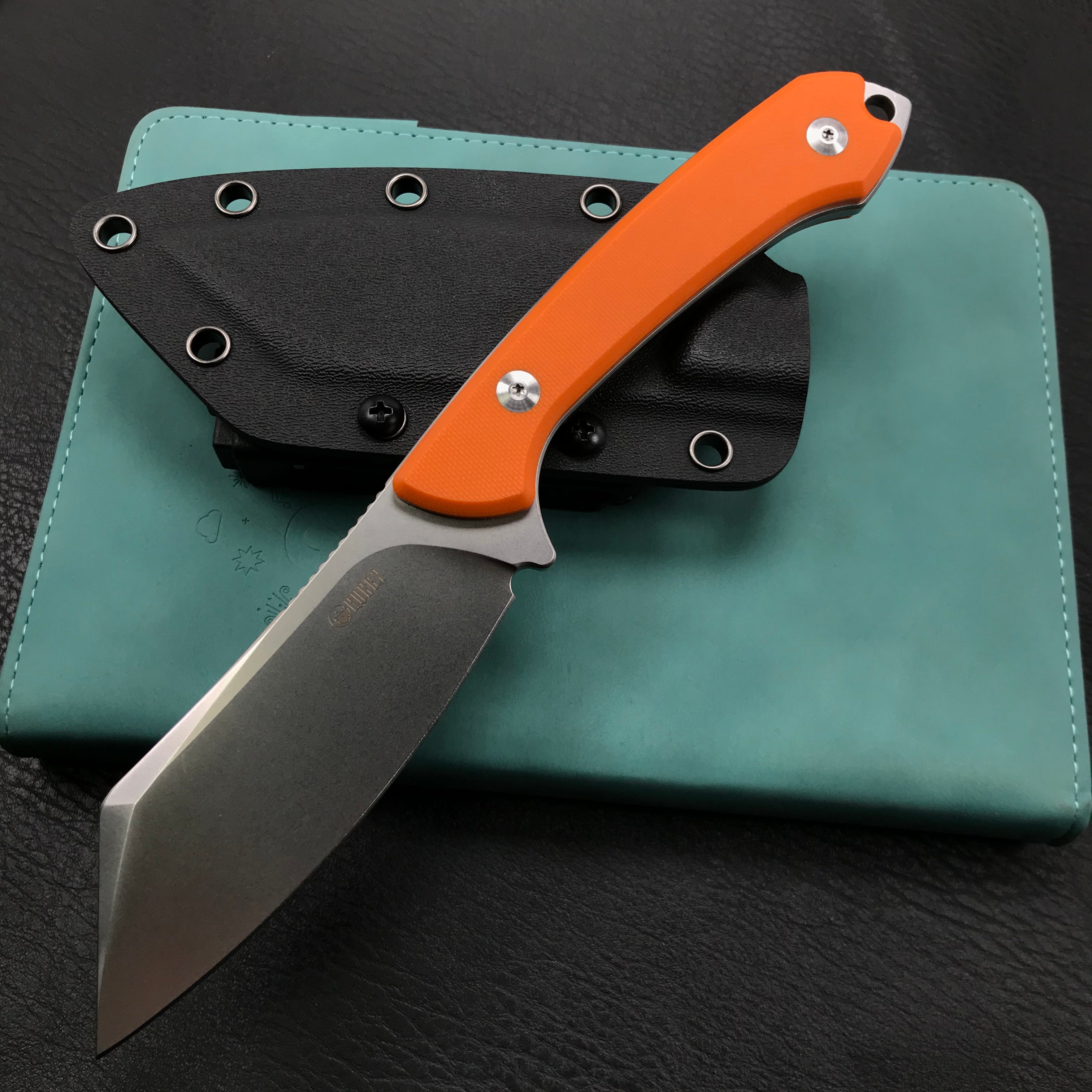 KUBEY KU302 Fixed Knife Orange G10 Handle Bead Blasted Stonewashed D2