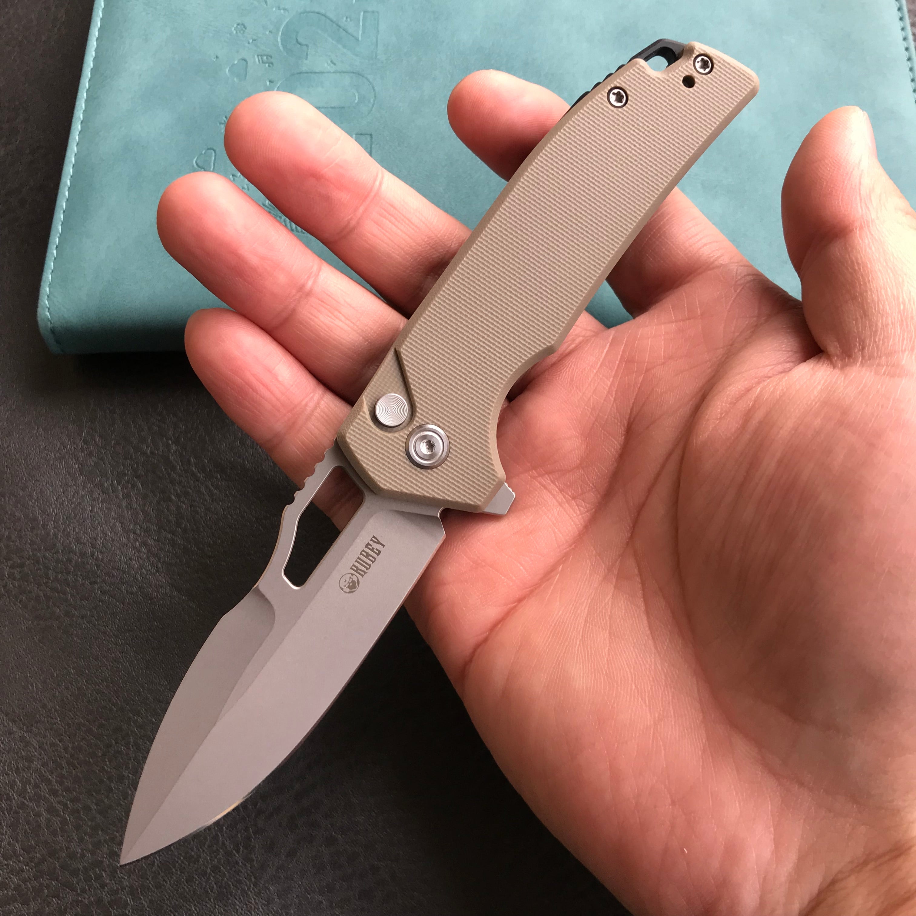 KUBEY KU316D RDF Pocket Knife with Button Lock, Full-Contoured Tan G-10 Handle 3.11" Bead Blasted AUS-10 Blade, Lightweight Hydra Designed Folding Knife for EDC