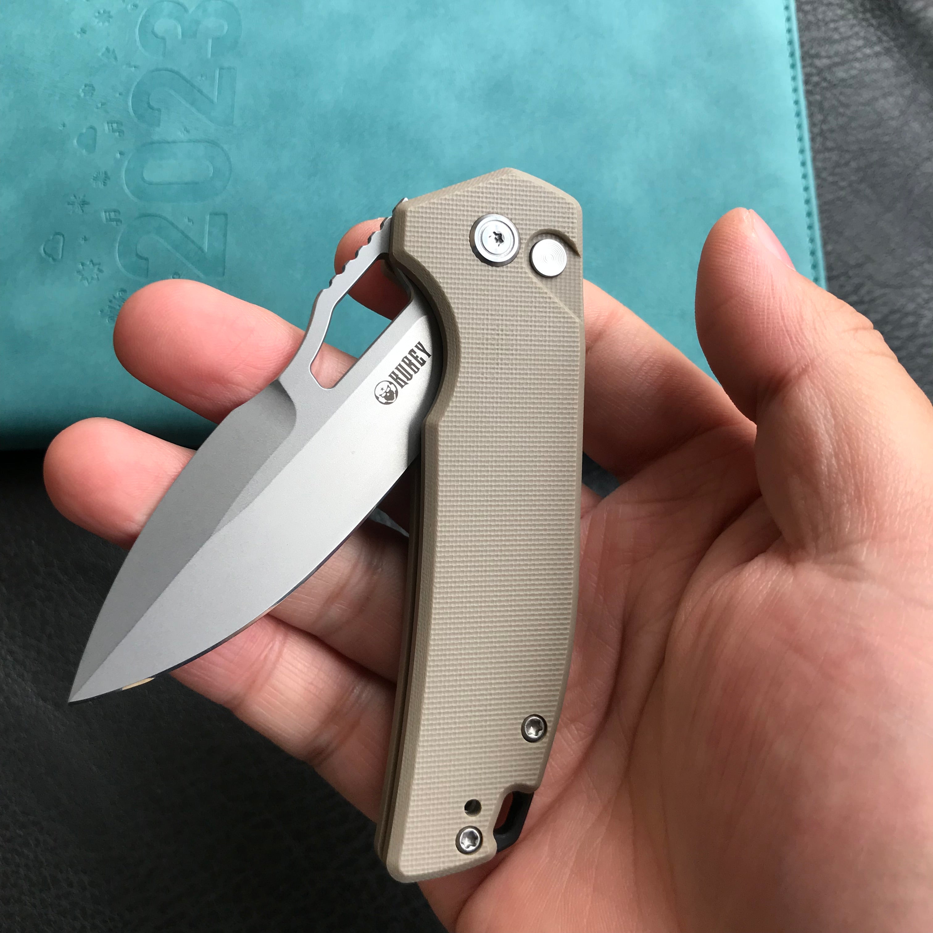 KUBEY KU316D RDF Pocket Knife with Button Lock, Full-Contoured Tan G-10 Handle 3.11" Bead Blasted AUS-10 Blade, Lightweight Hydra Designed Folding Knife for EDC