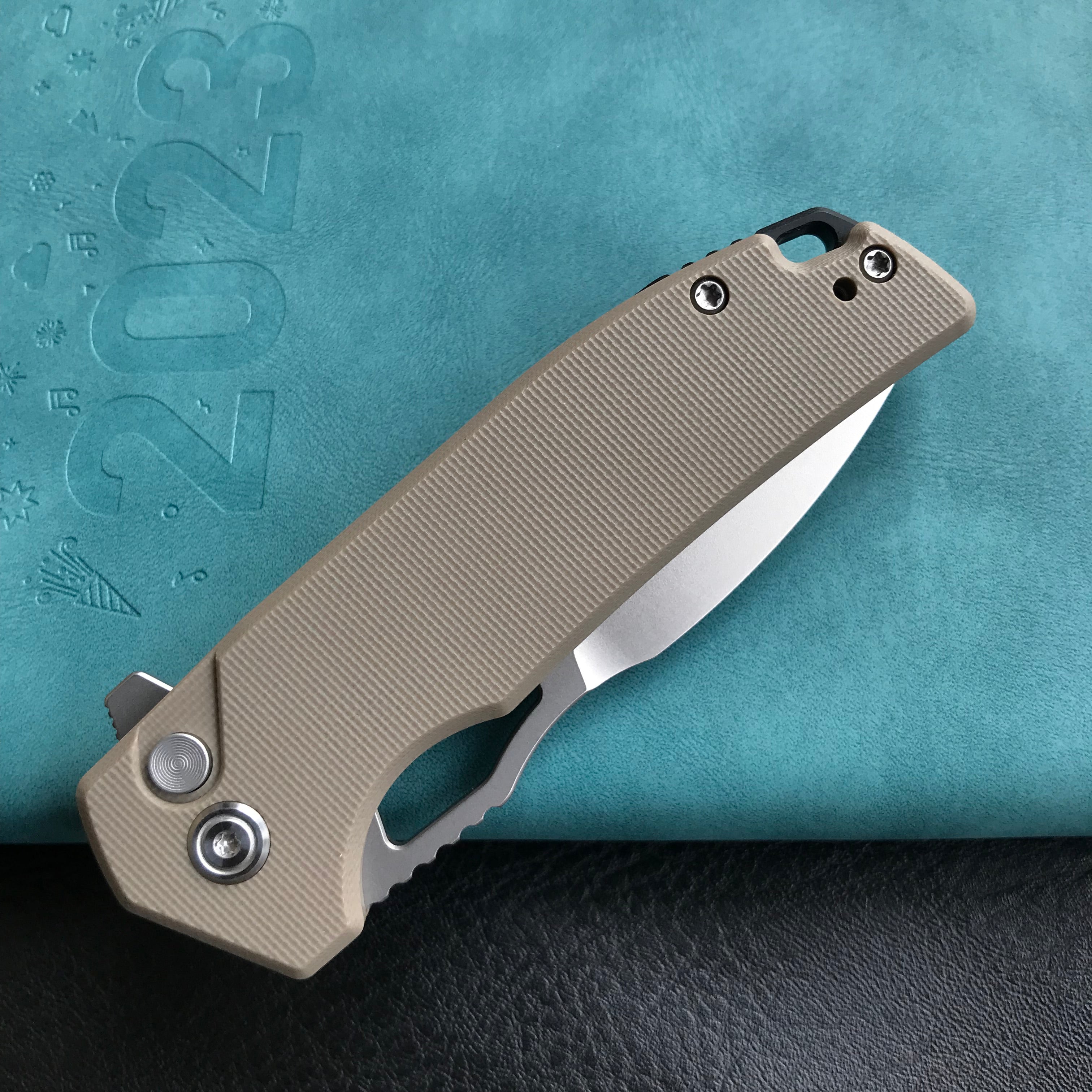 KUBEY KU316D RDF Pocket Knife with Button Lock, Full-Contoured Tan G-10 Handle 3.11" Bead Blasted AUS-10 Blade, Lightweight Hydra Designed Folding Knife for EDC