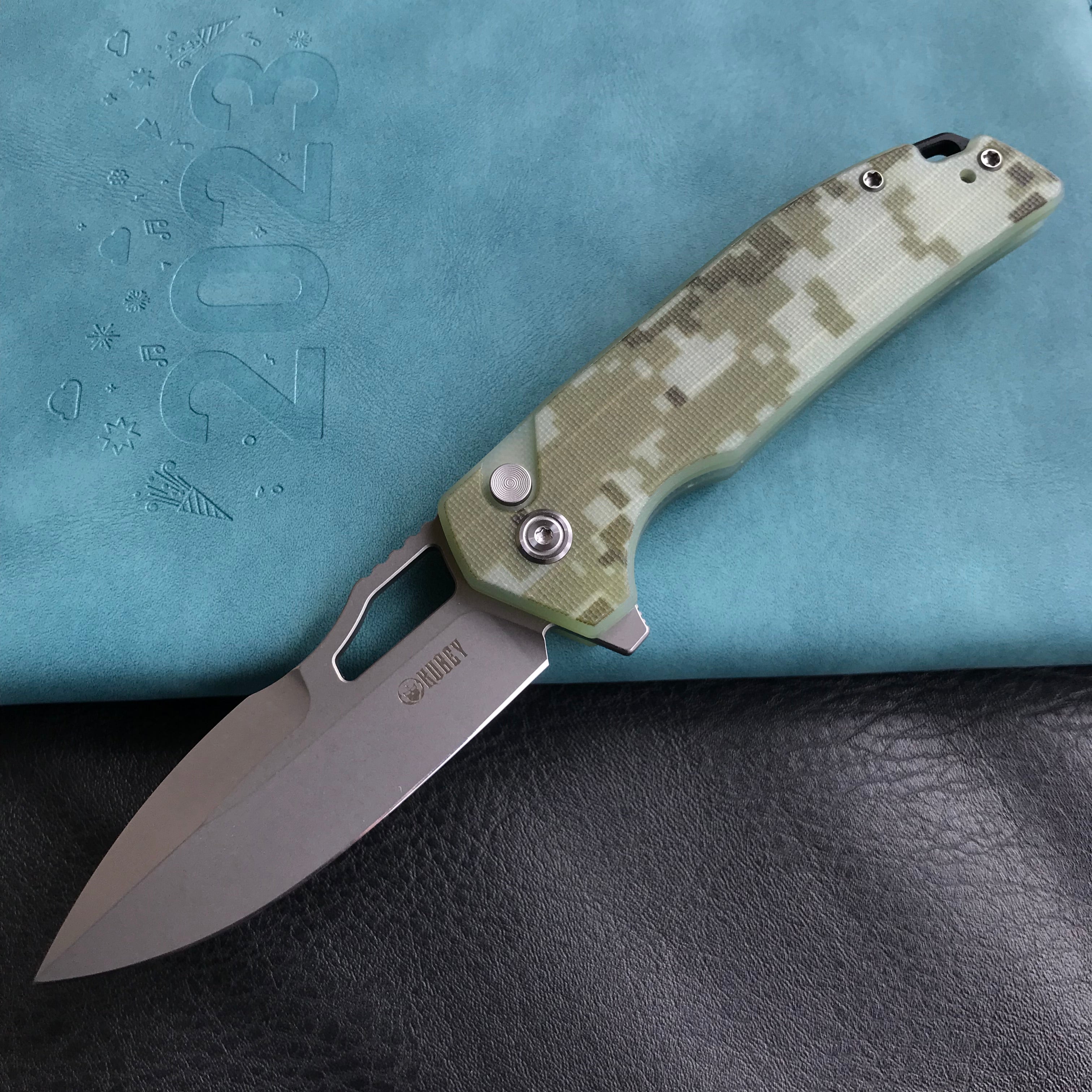 KUBEY KU316C RDF Pocket Knife with Button Lock, Full-Contoured Camo G-10 Handle 3.11" Bead Blasted AUS-10 Blade, Lightweight Hydra Designed Folding Knife for EDC