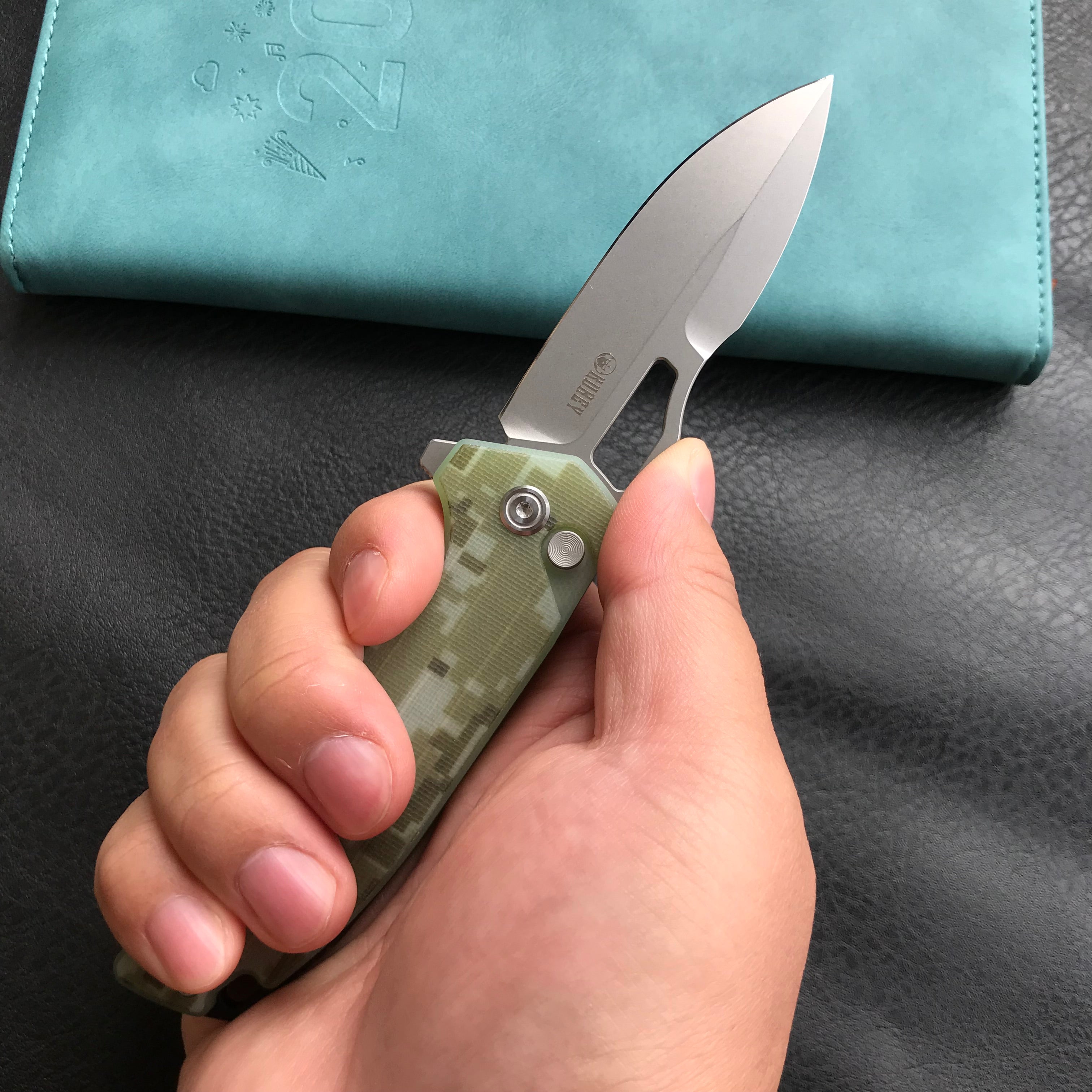 KUBEY KU316C RDF Pocket Knife with Button Lock, Full-Contoured Camo G-10 Handle 3.11" Bead Blasted AUS-10 Blade, Lightweight Hydra Designed Folding Knife for EDC