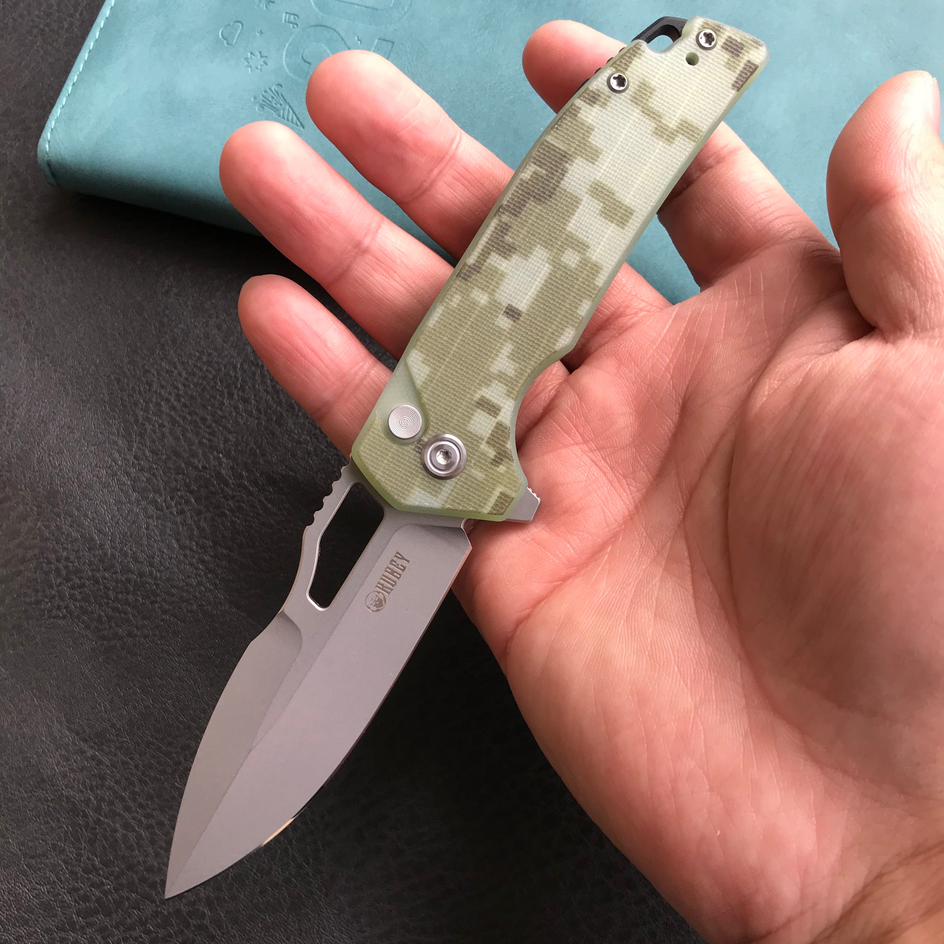 KUBEY KU316C RDF Pocket Knife with Button Lock, Full-Contoured Camo G-10 Handle 3.11" Bead Blasted AUS-10 Blade, Lightweight Hydra Designed Folding Knife for EDC