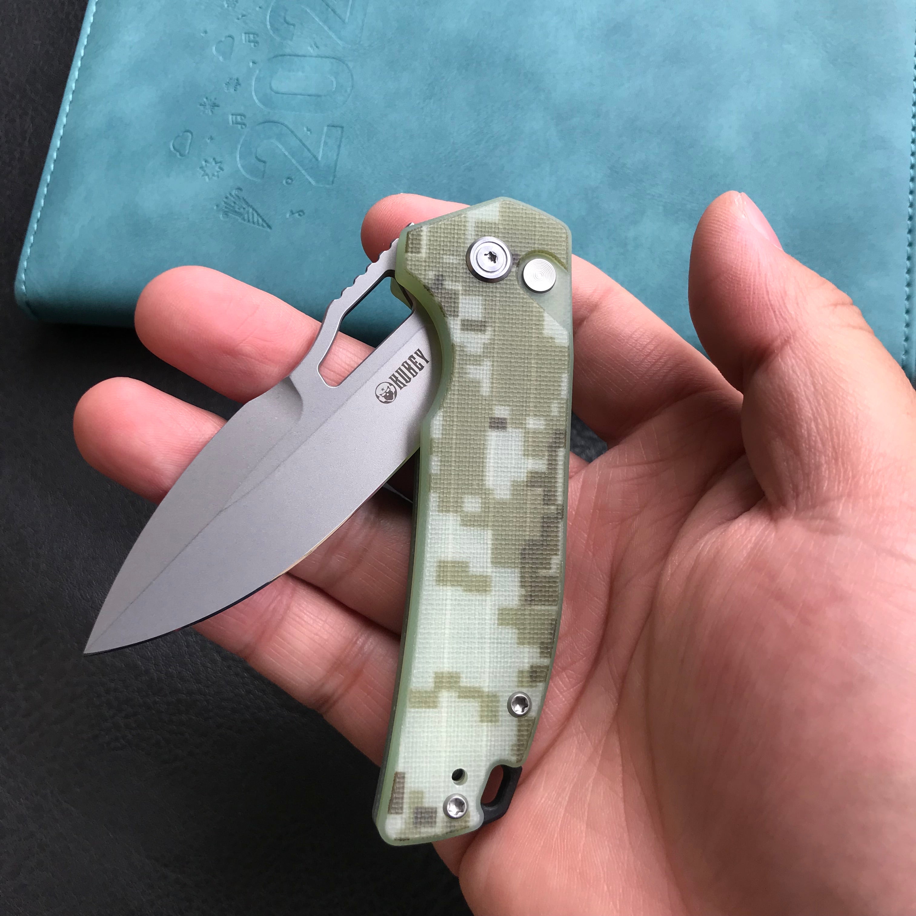 KUBEY KU316C RDF Pocket Knife with Button Lock, Full-Contoured Camo G-10 Handle 3.11" Bead Blasted AUS-10 Blade, Lightweight Hydra Designed Folding Knife for EDC