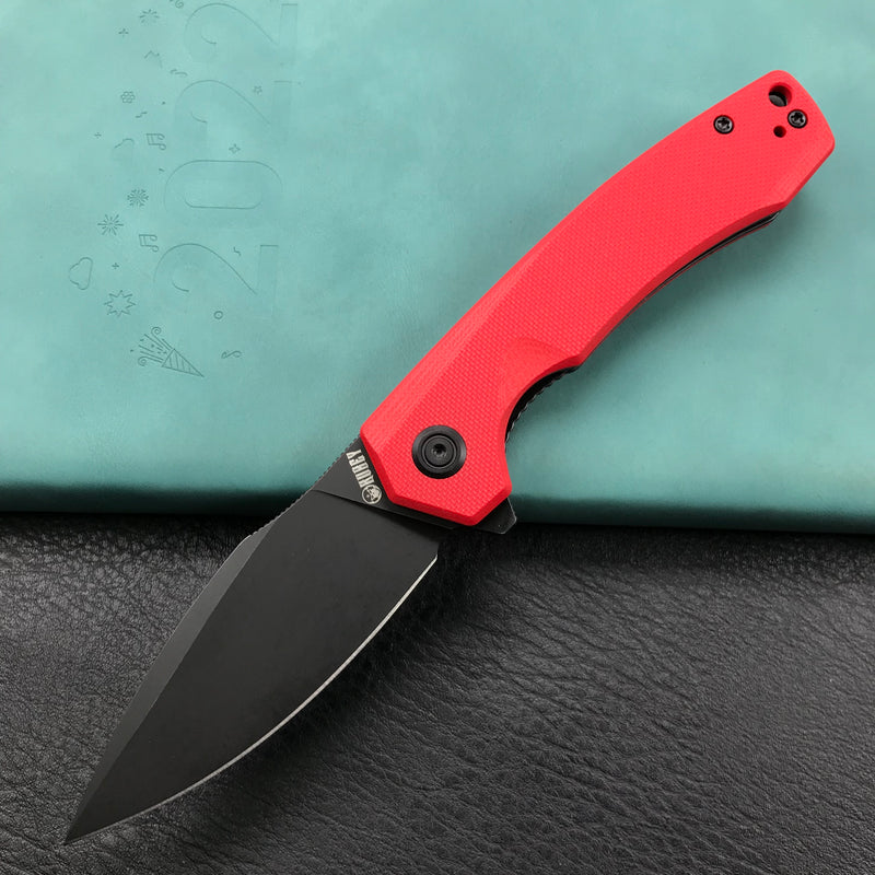 KUBEY KU901F Liner Lock Flipper Folding Knife Red G10 Handle 3.27" Dark Stonewashed D2