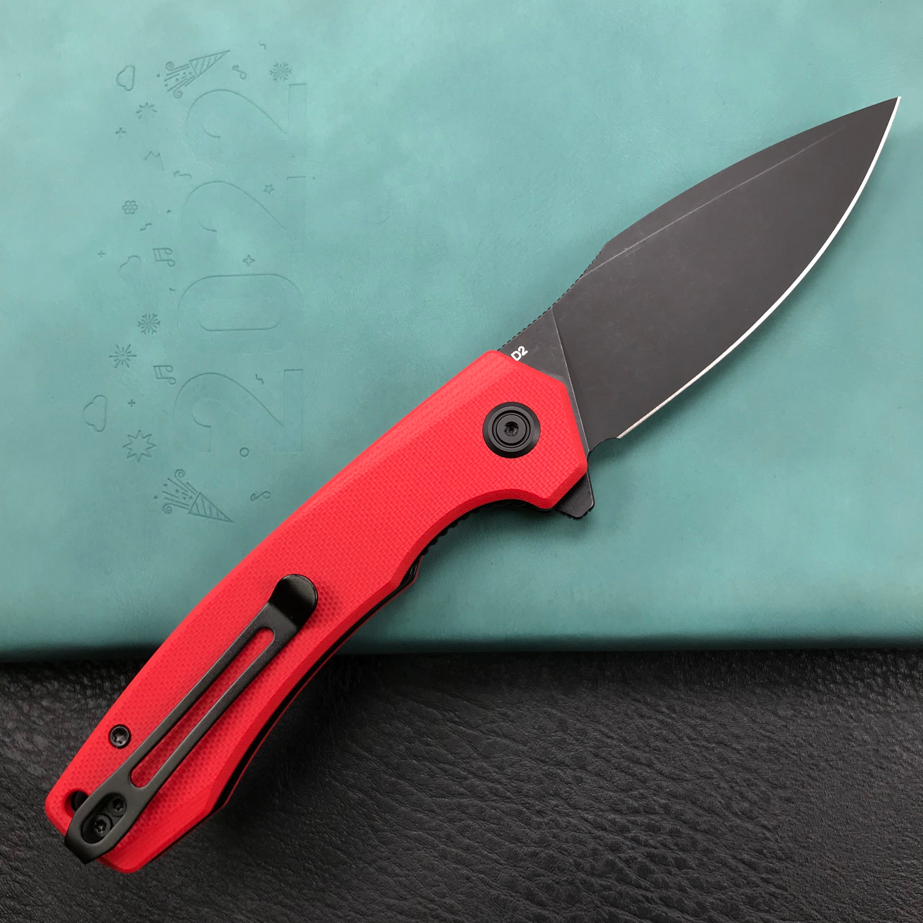 KUBEY KU901F Liner Lock Flipper Folding Knife Red G10 Handle 3.27" Dark Stonewashed D2