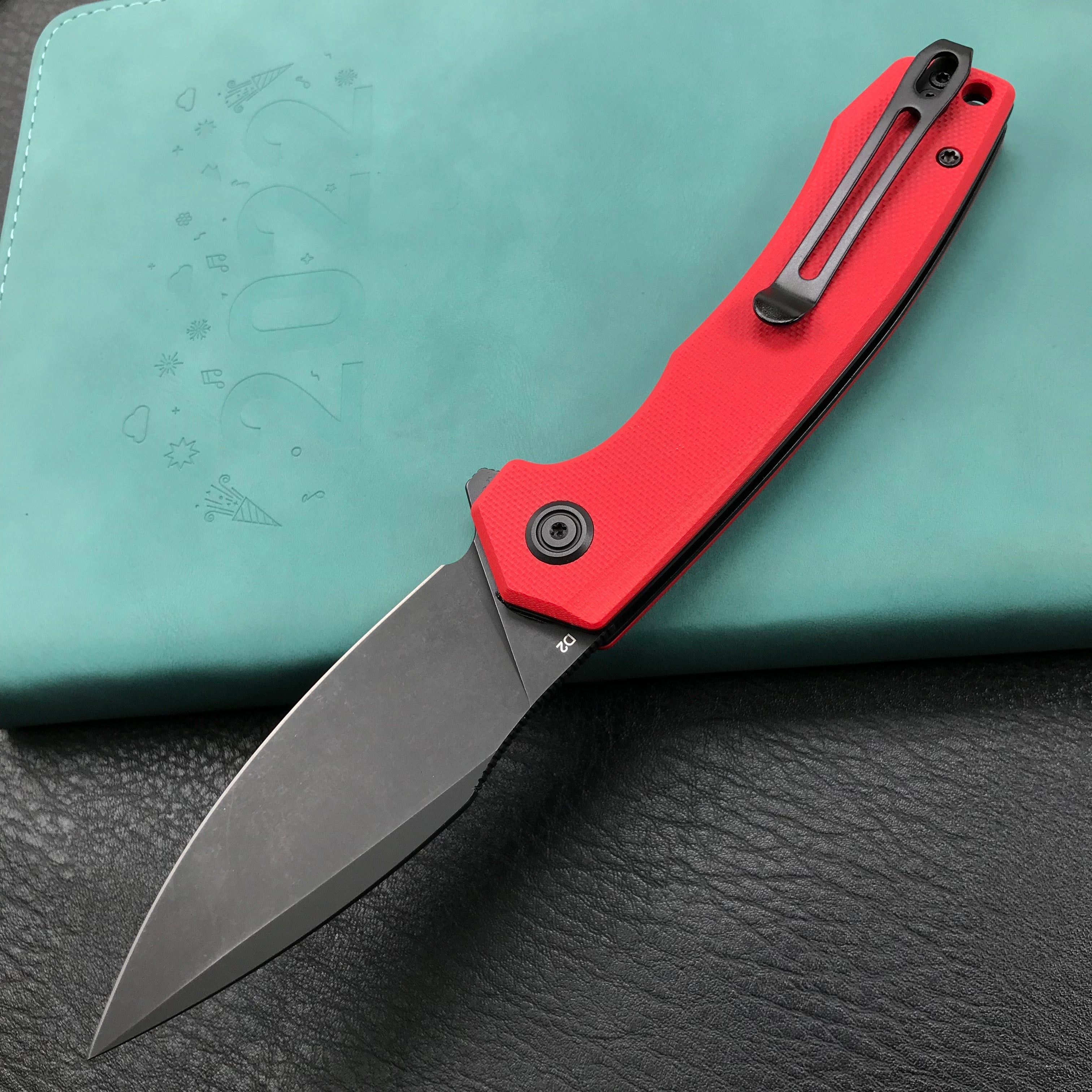 KUBEY KU901F Liner Lock Flipper Folding Knife Red G10 Handle 3.27" Dark Stonewashed D2