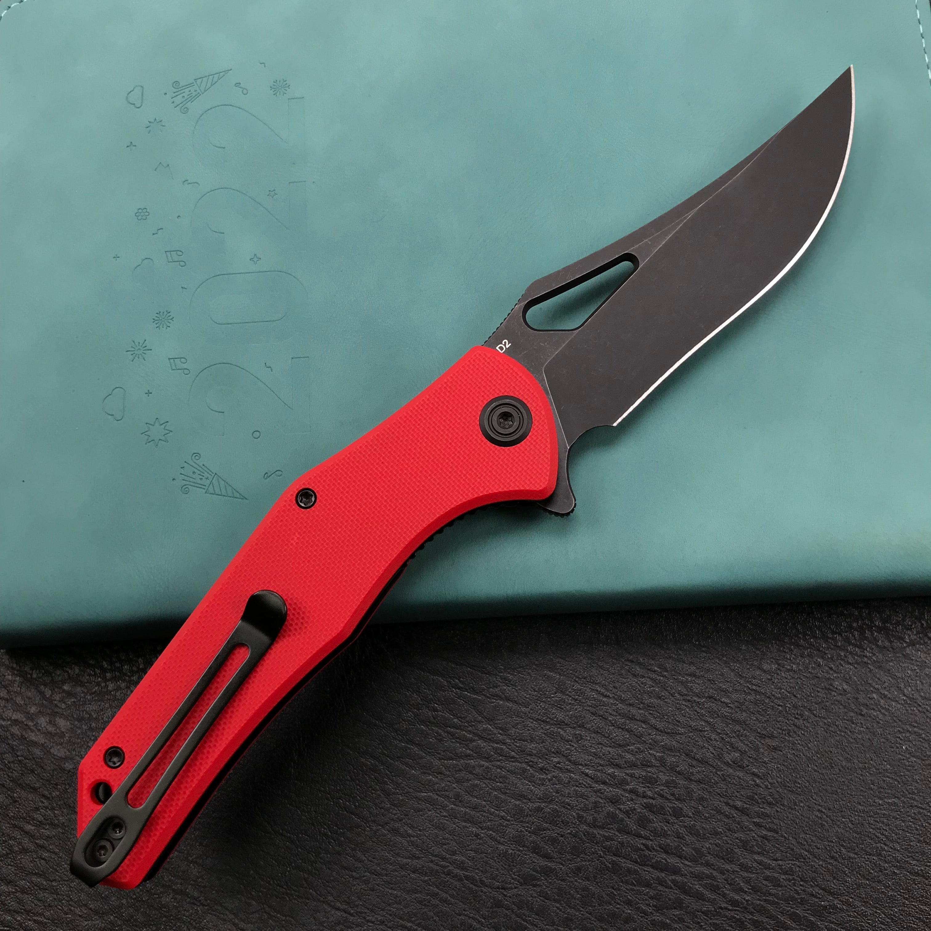 KUBEY KU149C Liner Lock Folding Pocket Knife Red G10 Handle 3.66"  Dark Stonewashed D2