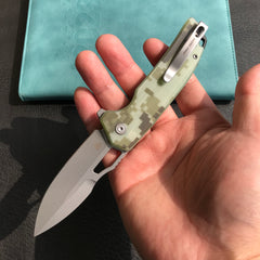 KUBEY KU316C RDF Pocket Knife with Button Lock, Full-Contoured Camo G-10 Handle 3.11" Bead Blasted AUS-10 Blade, Lightweight Hydra Designed Folding Knife for EDC