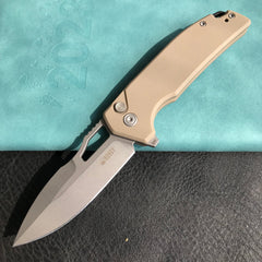 KUBEY KU316D RDF Pocket Knife with Button Lock, Full-Contoured Tan G-10 Handle 3.11" Bead Blasted AUS-10 Blade, Lightweight Hydra Designed Folding Knife for EDC