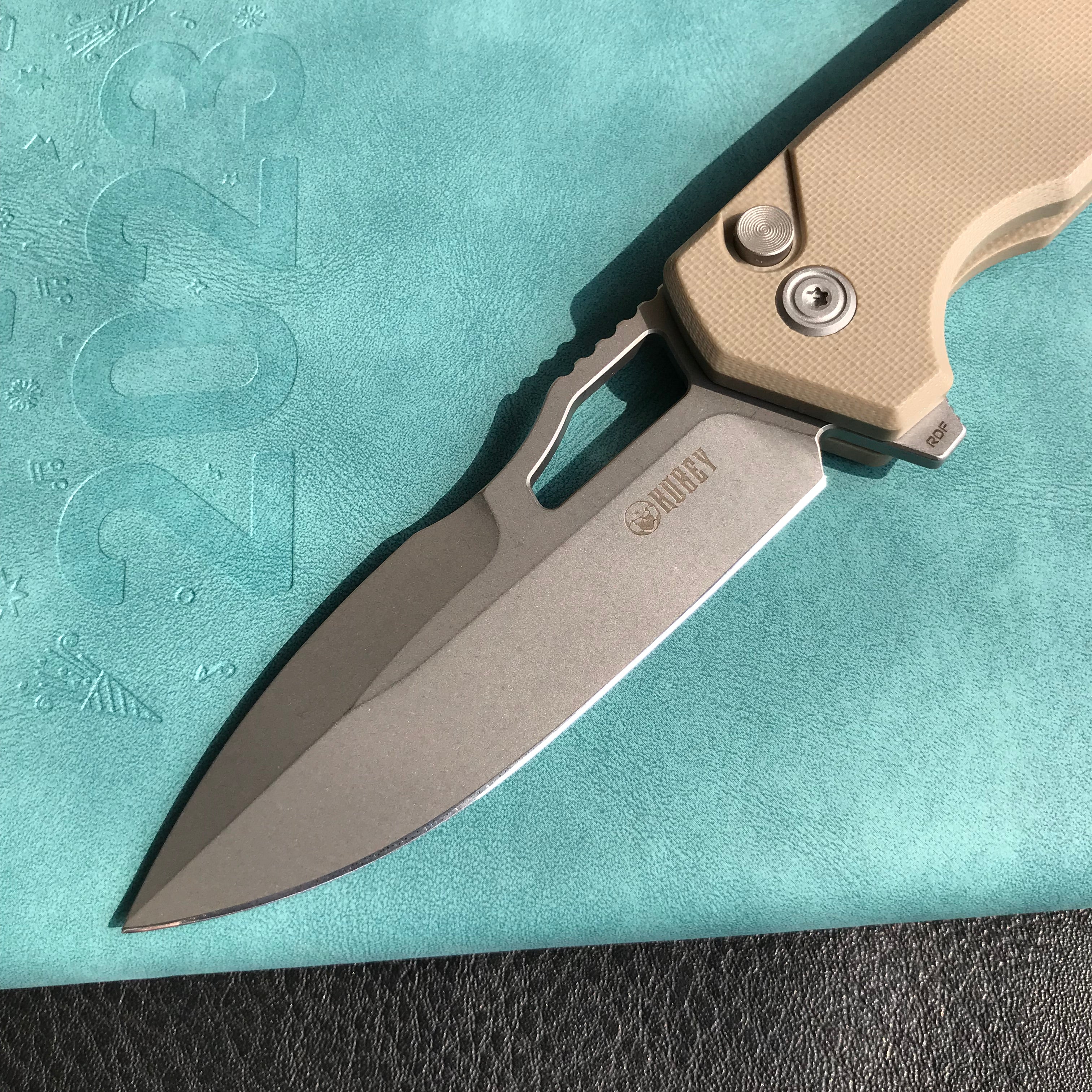 KUBEY KU316D RDF Pocket Knife with Button Lock, Full-Contoured Tan G-10 Handle 3.11" Bead Blasted AUS-10 Blade, Lightweight Hydra Designed Folding Knife for EDC