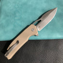 KUBEY KU316D RDF Pocket Knife with Button Lock, Full-Contoured Tan G-10 Handle 3.11" Bead Blasted AUS-10 Blade, Lightweight Hydra Designed Folding Knife for EDC