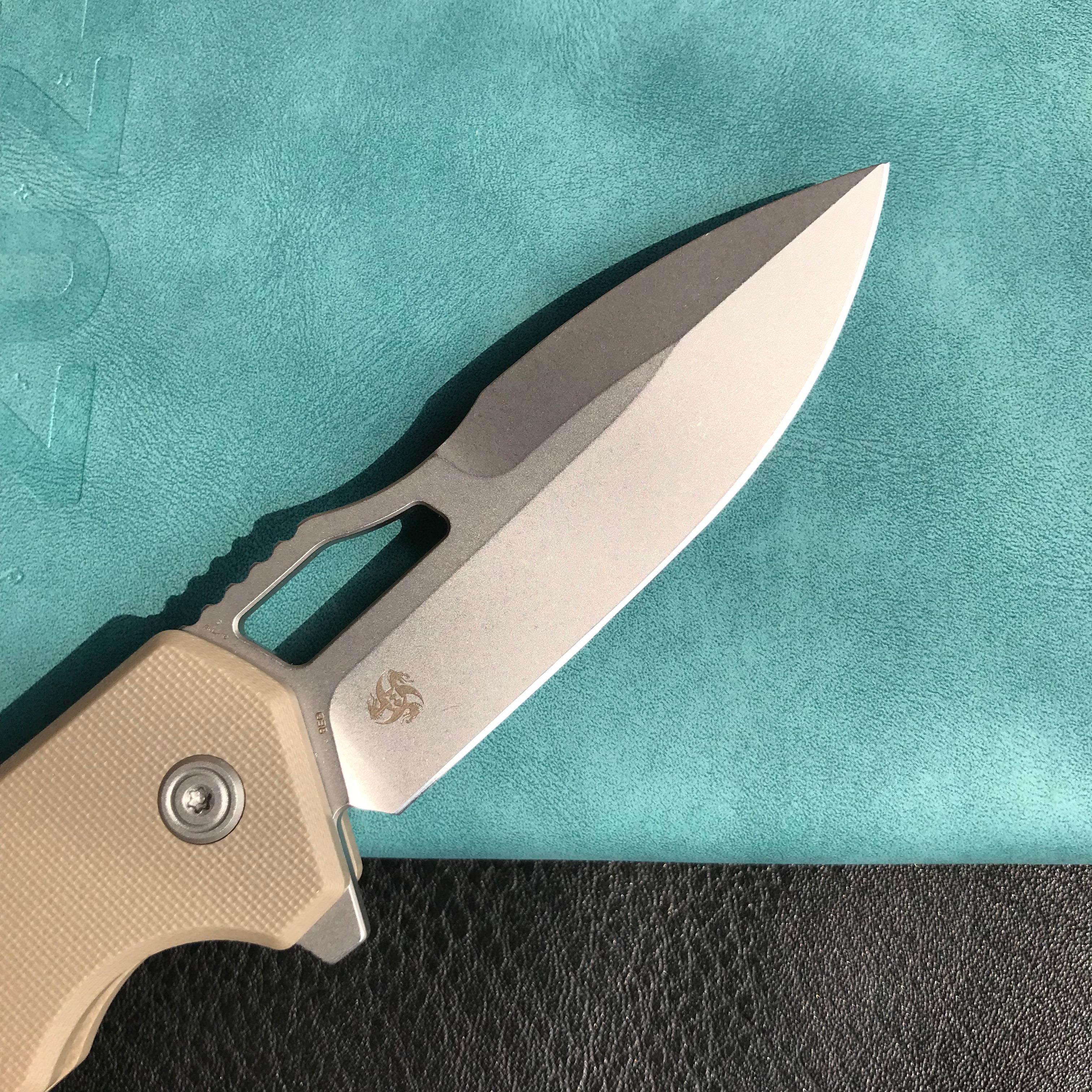 KUBEY KU316D RDF Pocket Knife with Button Lock, Full-Contoured Tan G-10 Handle 3.11" Bead Blasted AUS-10 Blade, Lightweight Hydra Designed Folding Knife for EDC