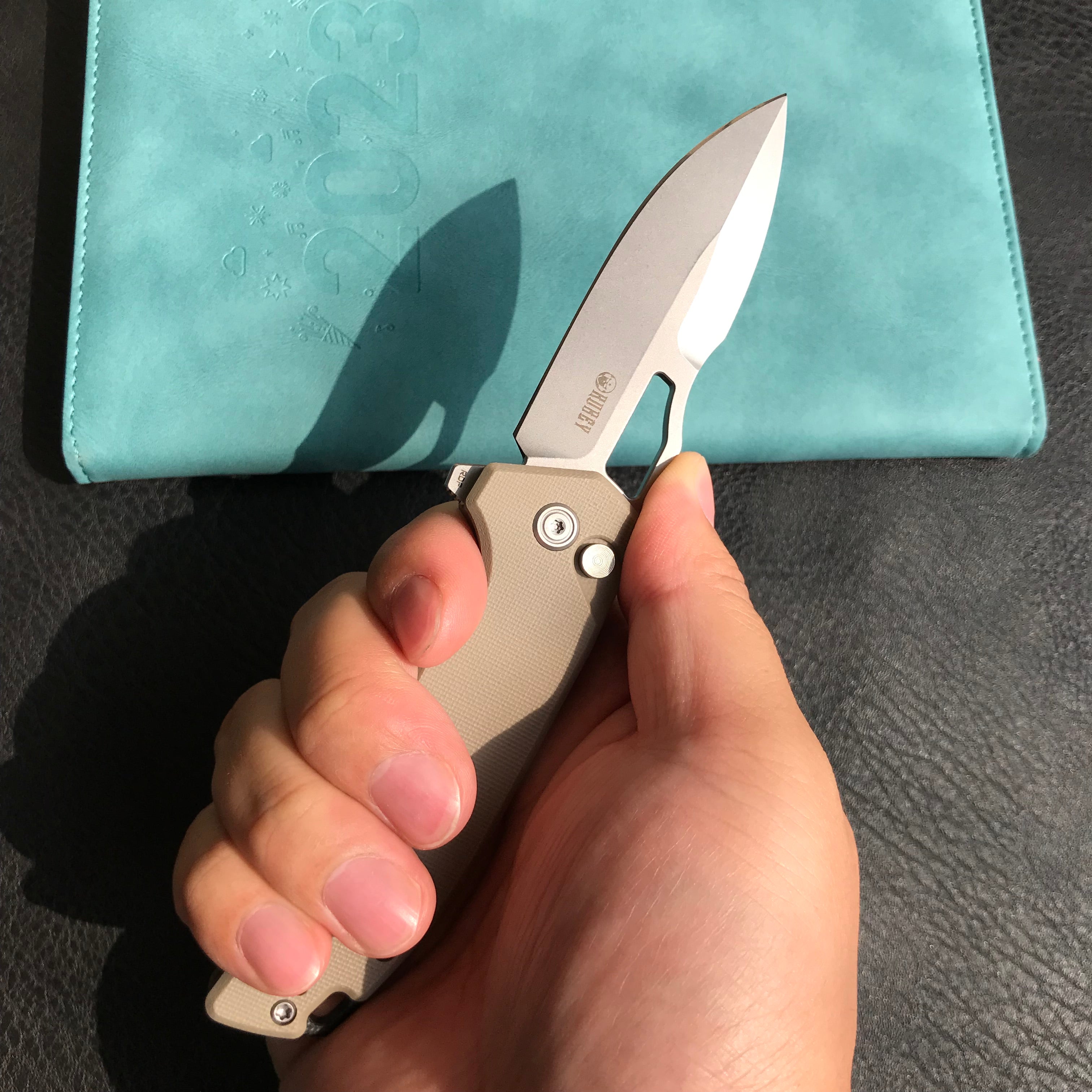 KUBEY KU316D RDF Pocket Knife with Button Lock, Full-Contoured Tan G-10 Handle 3.11" Bead Blasted AUS-10 Blade, Lightweight Hydra Designed Folding Knife for EDC